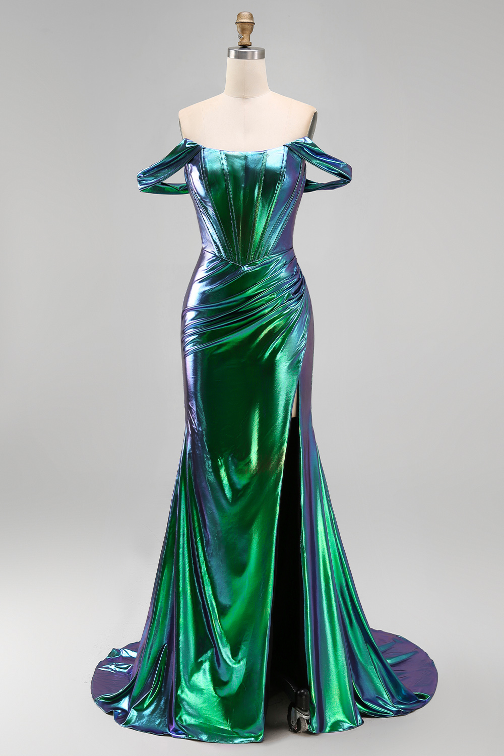 Emerald Green Ruched Corset Metallic Mermaid Prom Dress with Slit