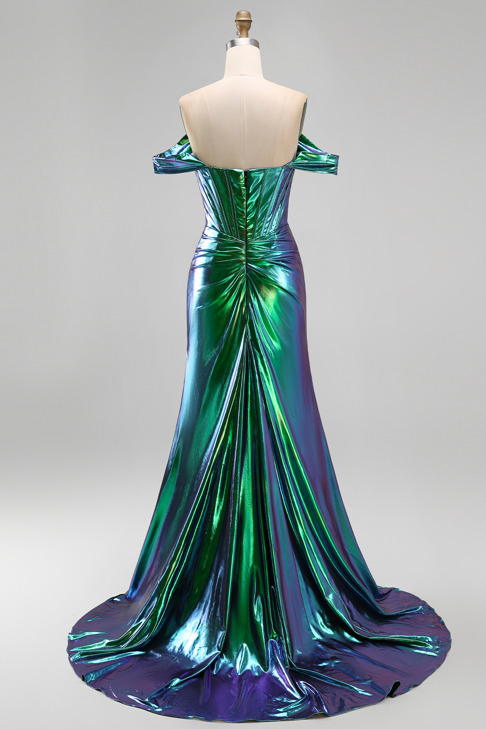 Emerald Green Ruched Corset Metallic Mermaid Prom Dress with Slit