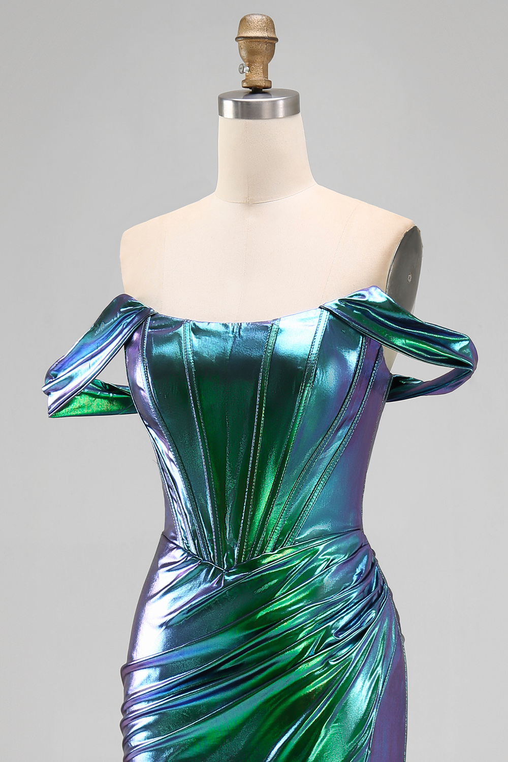 Emerald Green Ruched Corset Metallic Mermaid Prom Dress with Slit