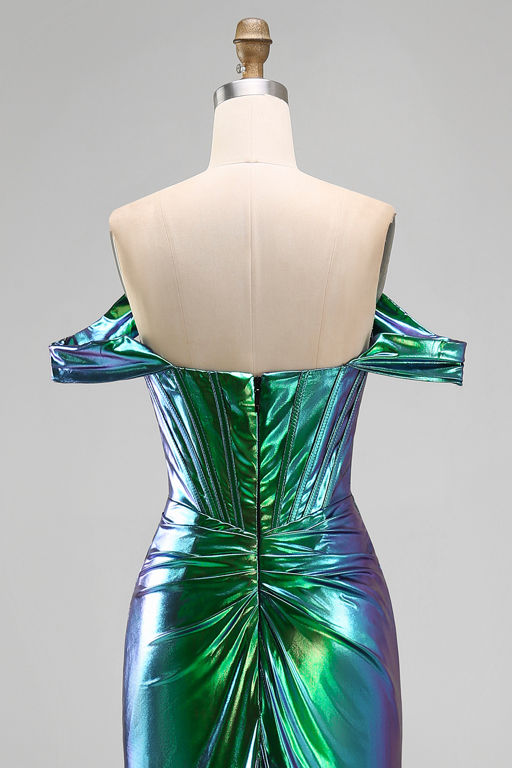 Emerald Green Ruched Corset Metallic Mermaid Prom Dress with Slit