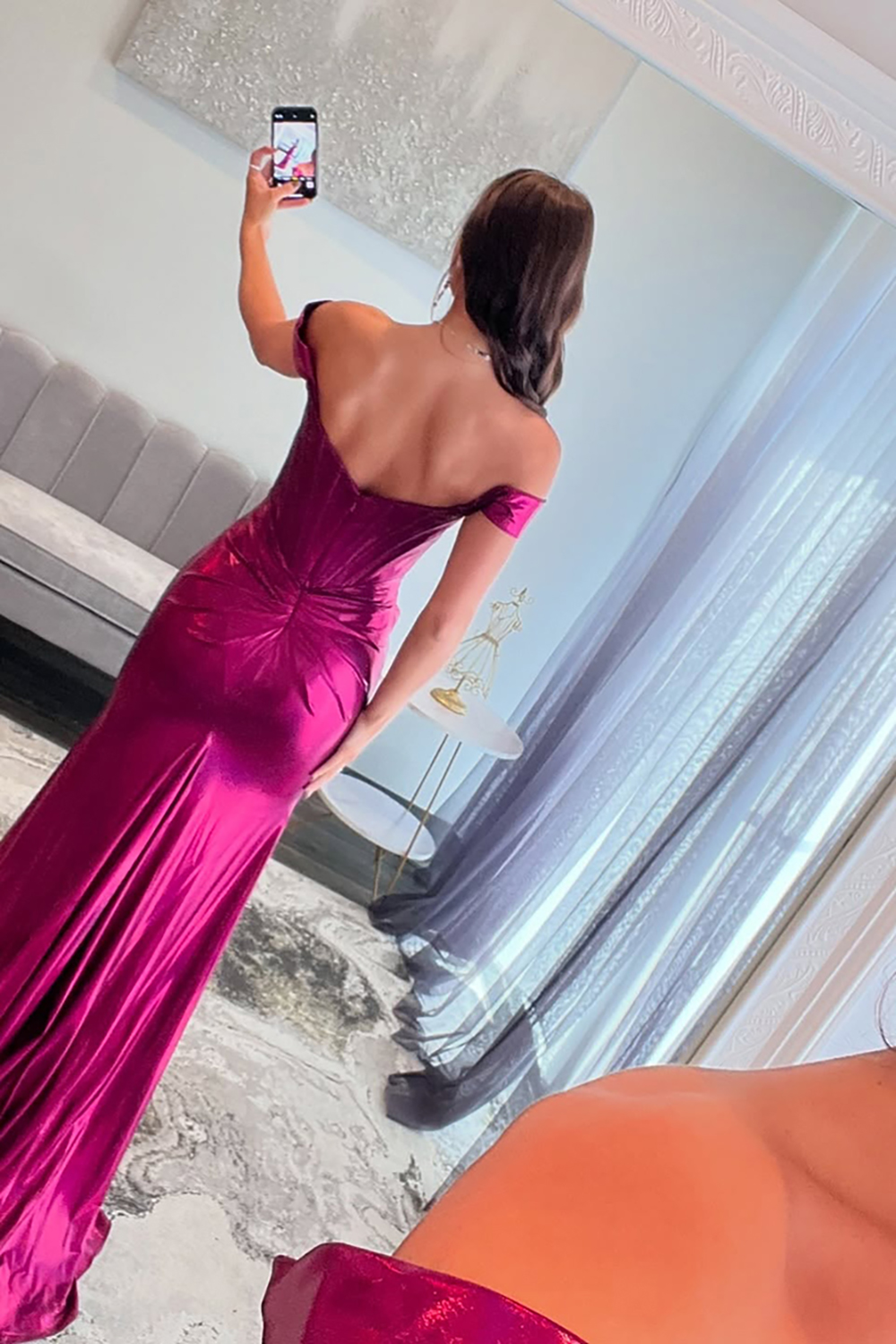 Hot Pink Ruched Corset Metallic Satin Mermaid Prom Dress with Slit