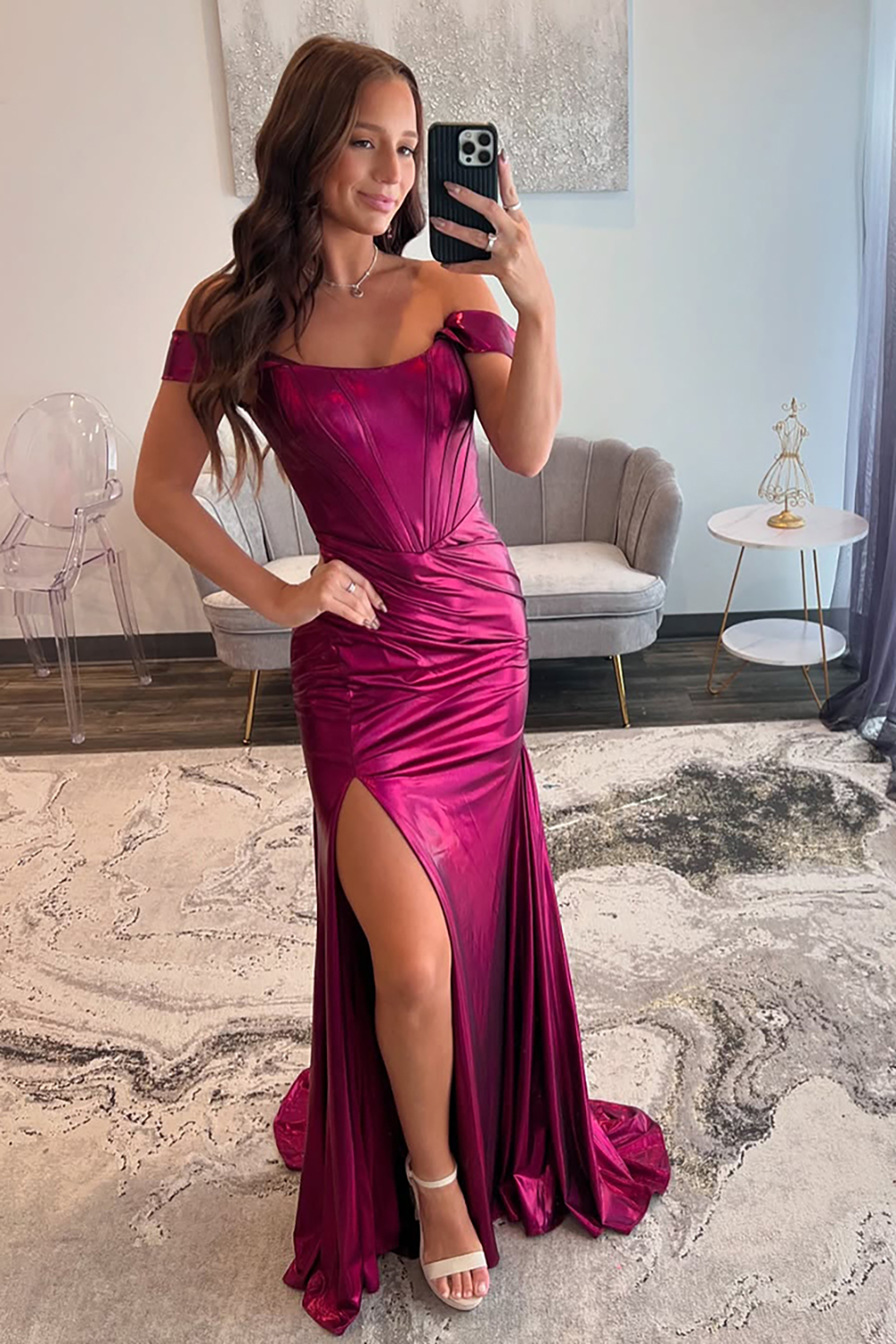 Hot Pink Ruched Corset Metallic Satin Mermaid Prom Dress with Slit