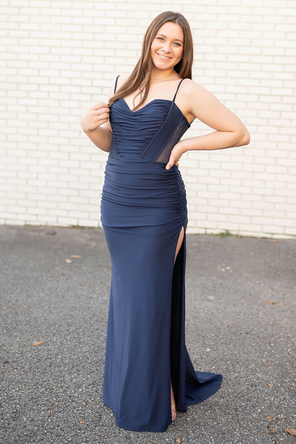 Sparkly Navy Rhinestones Corset Mermaid Long Prom Dress with Slit