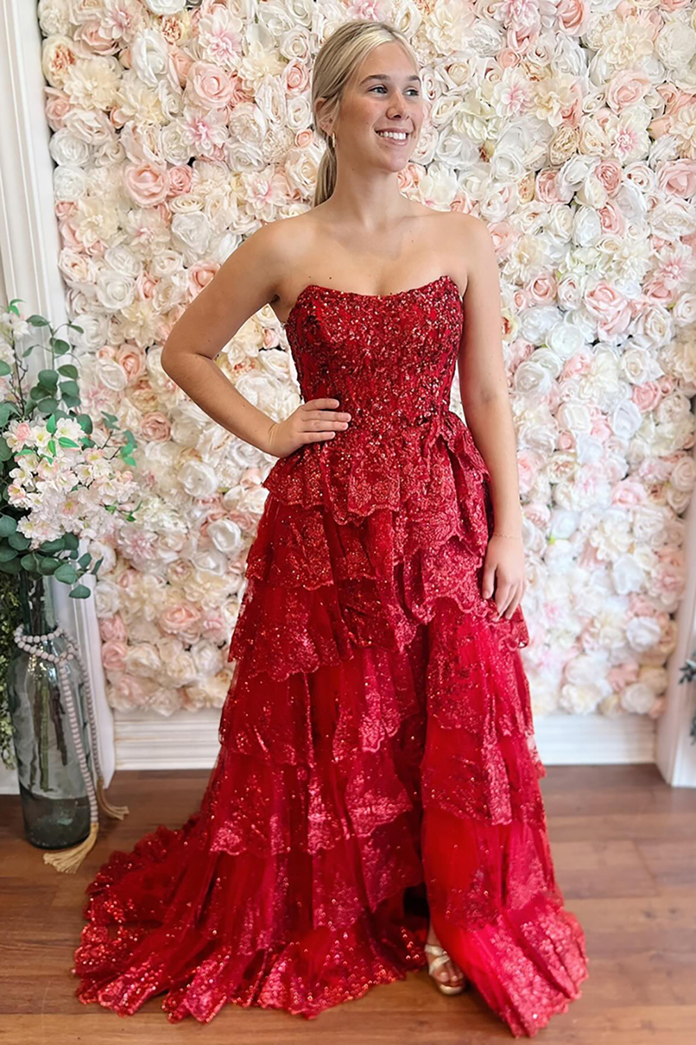 Sparkly Red Tiered Ruched Sequins Mermaid Long Prom Dress with Slit