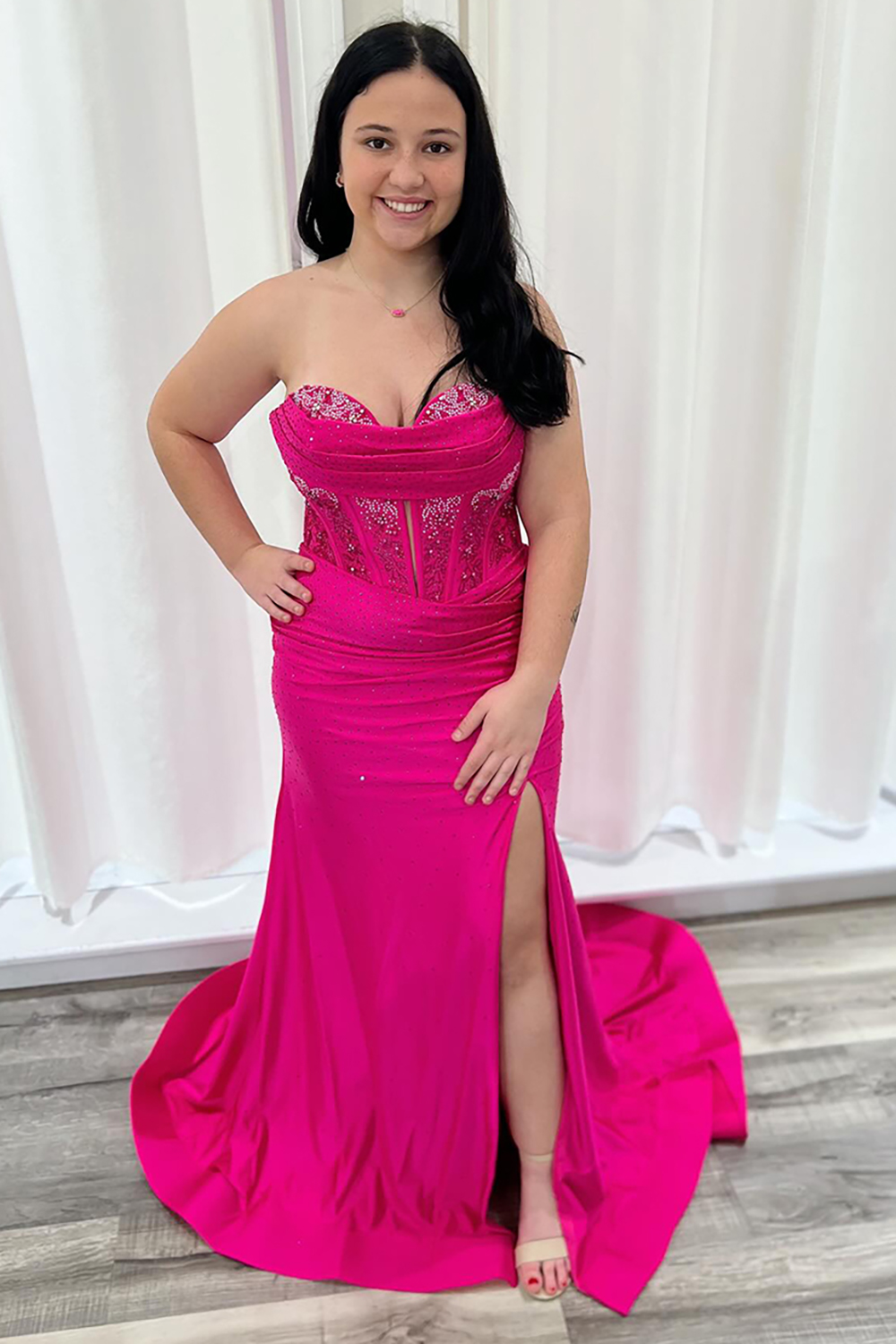 Sparkly Fuchsia Sequins Wrap Ruched Satin Long Mermaid Prom Dress with Slit