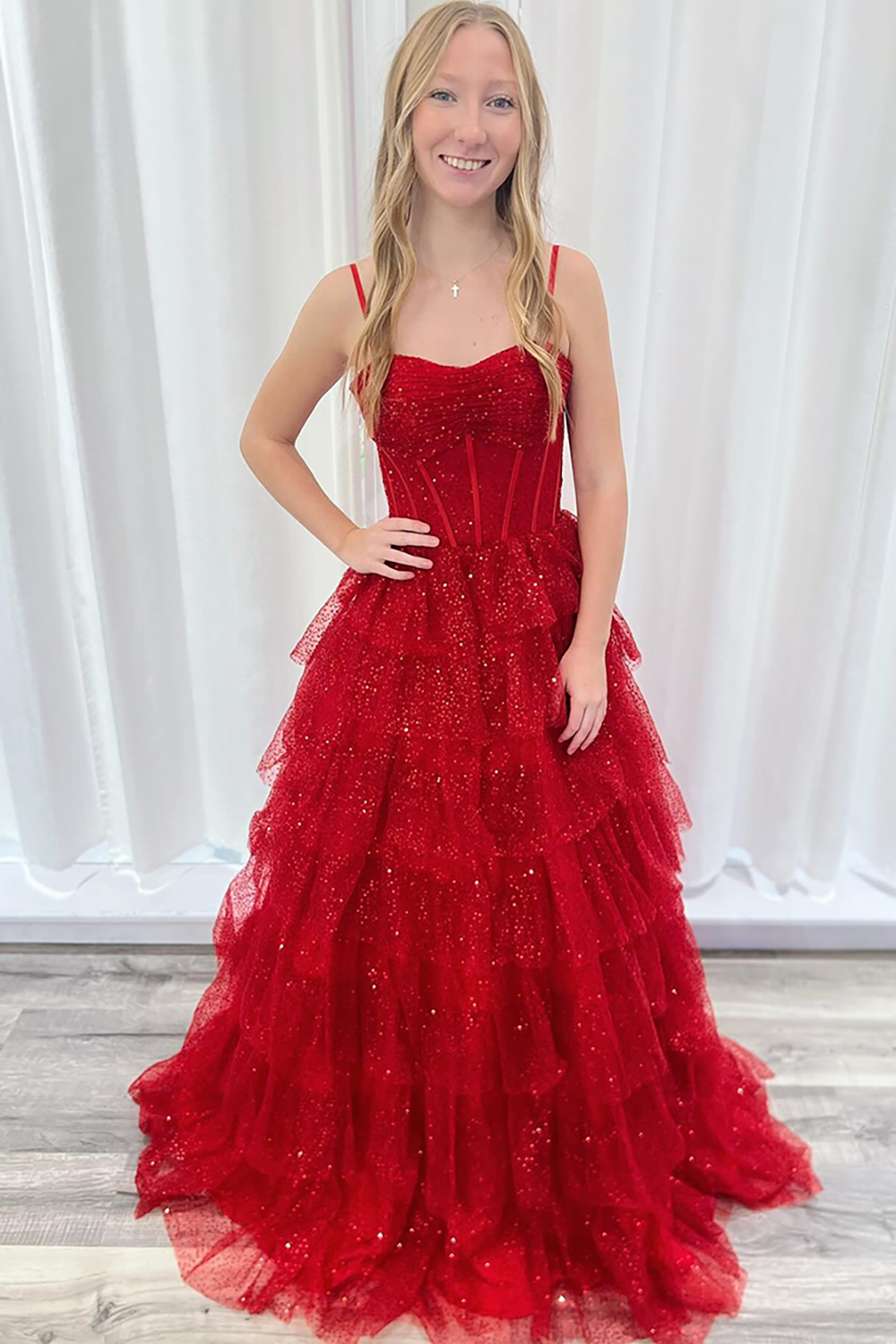 Sparkly Red Tiered Ruched Mermaid Long Prom Dress with Spaghetti Straps