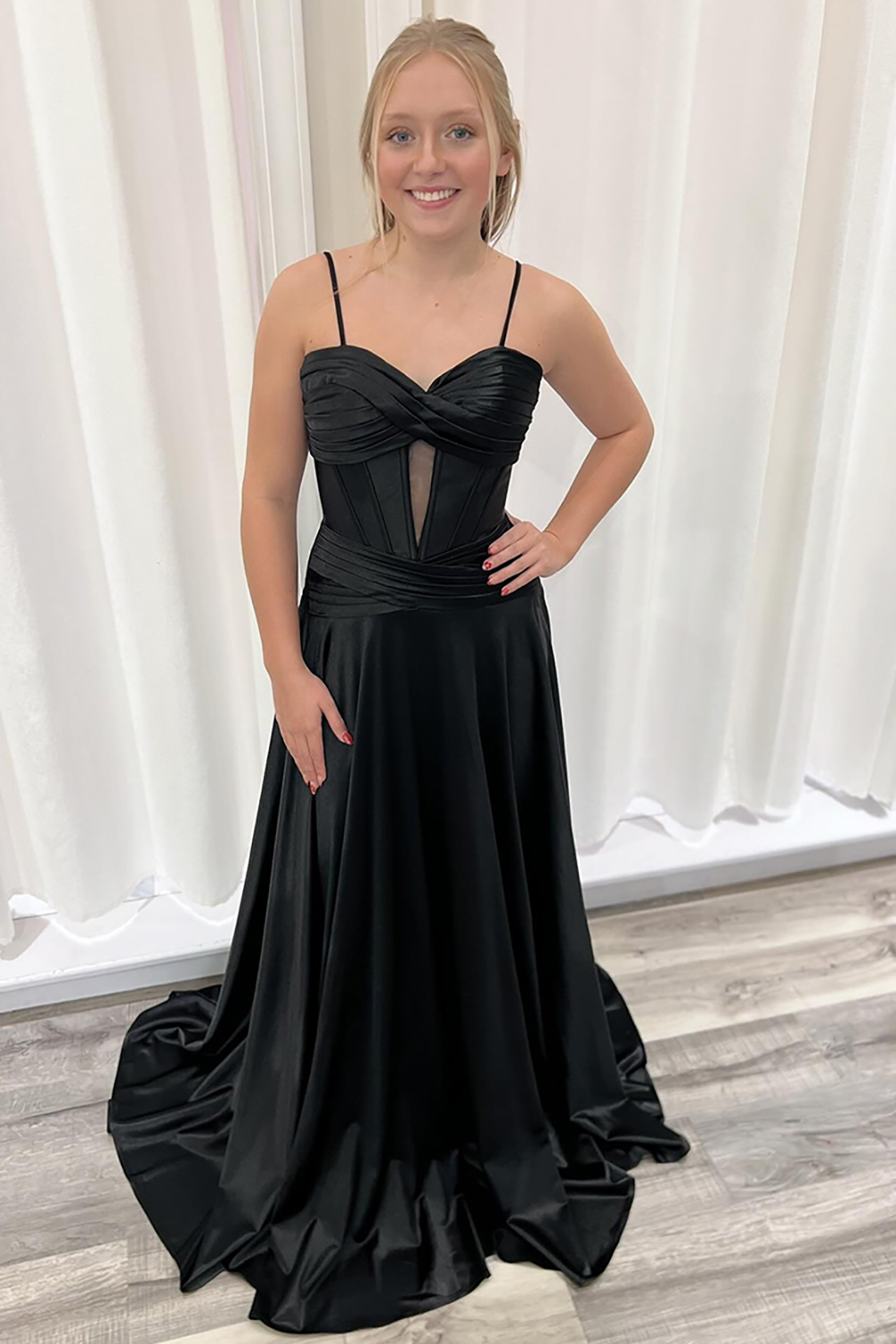 Black Ruched Corset Pleated A Line Satin Long Prom Dress