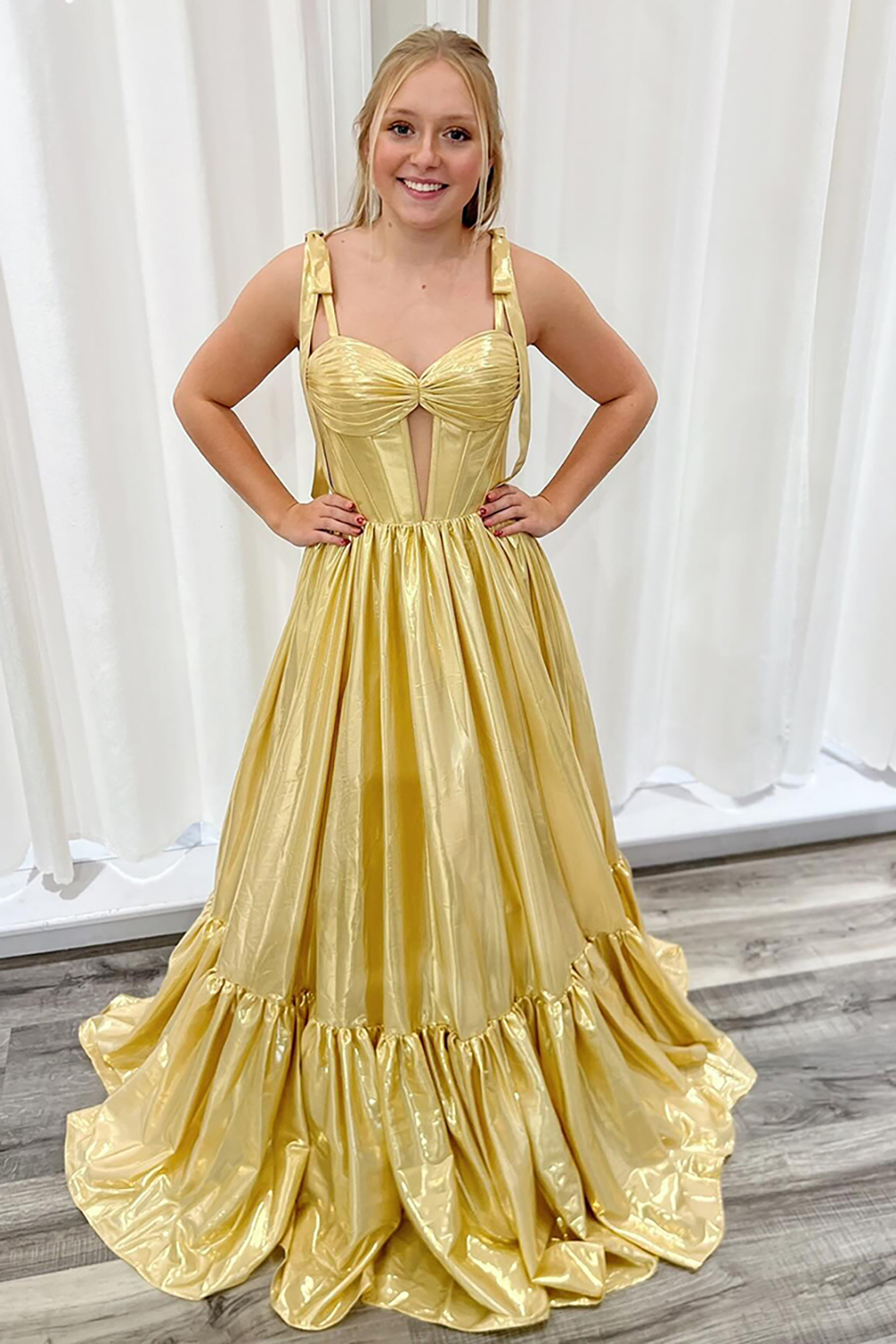 Gold Metallic Ruched Ruffle Satin A Line Prom Dress with Bow