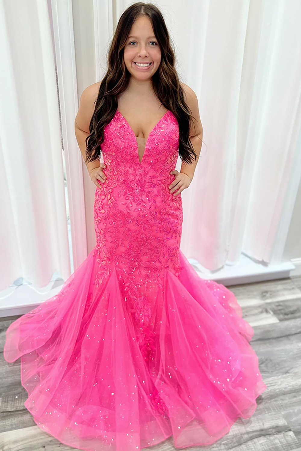 Sparkly Fuchsia Sequins Corset Lace Tiered Ruffle Mermaid Long Prom Dress