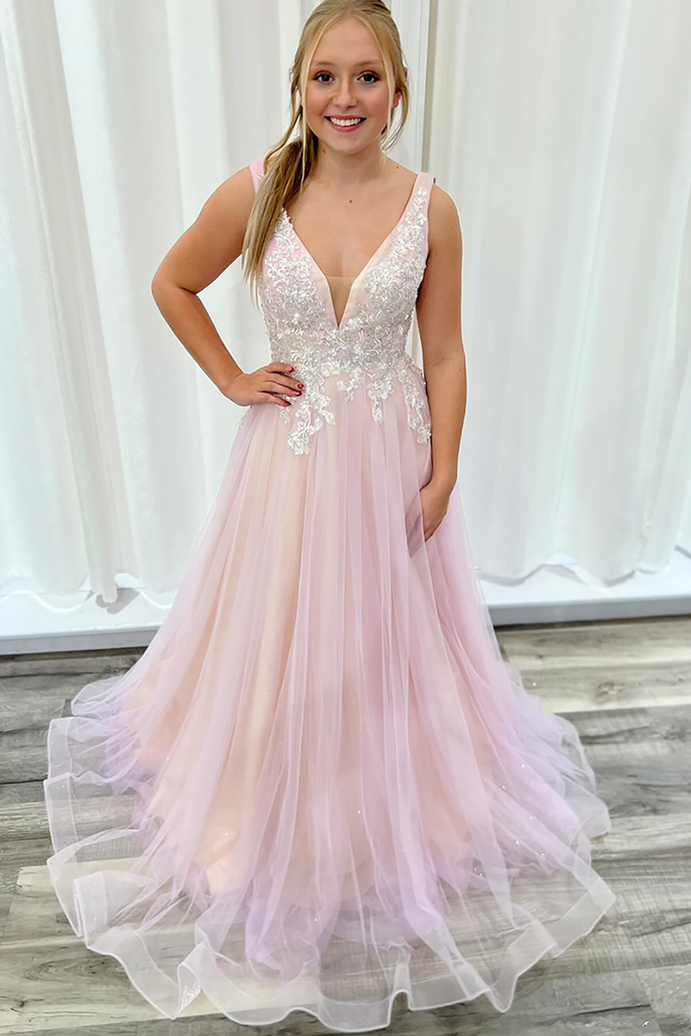Sparkly Pink Sequins Lace Tulle Backless A Line Long Prom Dress