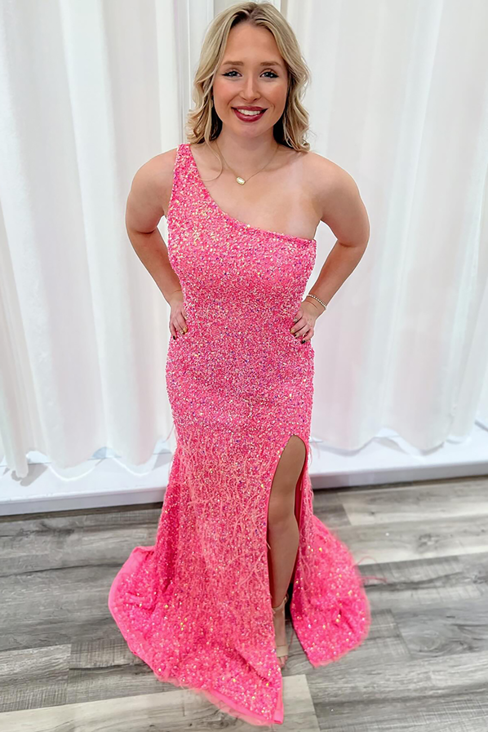 Pink One Shoulder Sparkly Mermaid Sequins Long Prom Dress with Slit