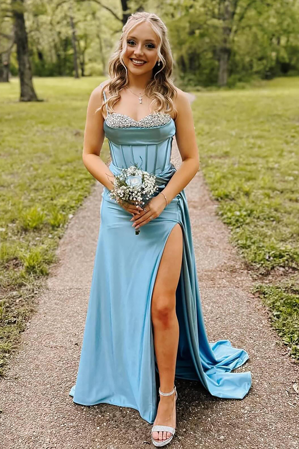 Blue Sparkly Rhinestones Wrap Ruched Satin Long Mermaid Prom Dress with Slit