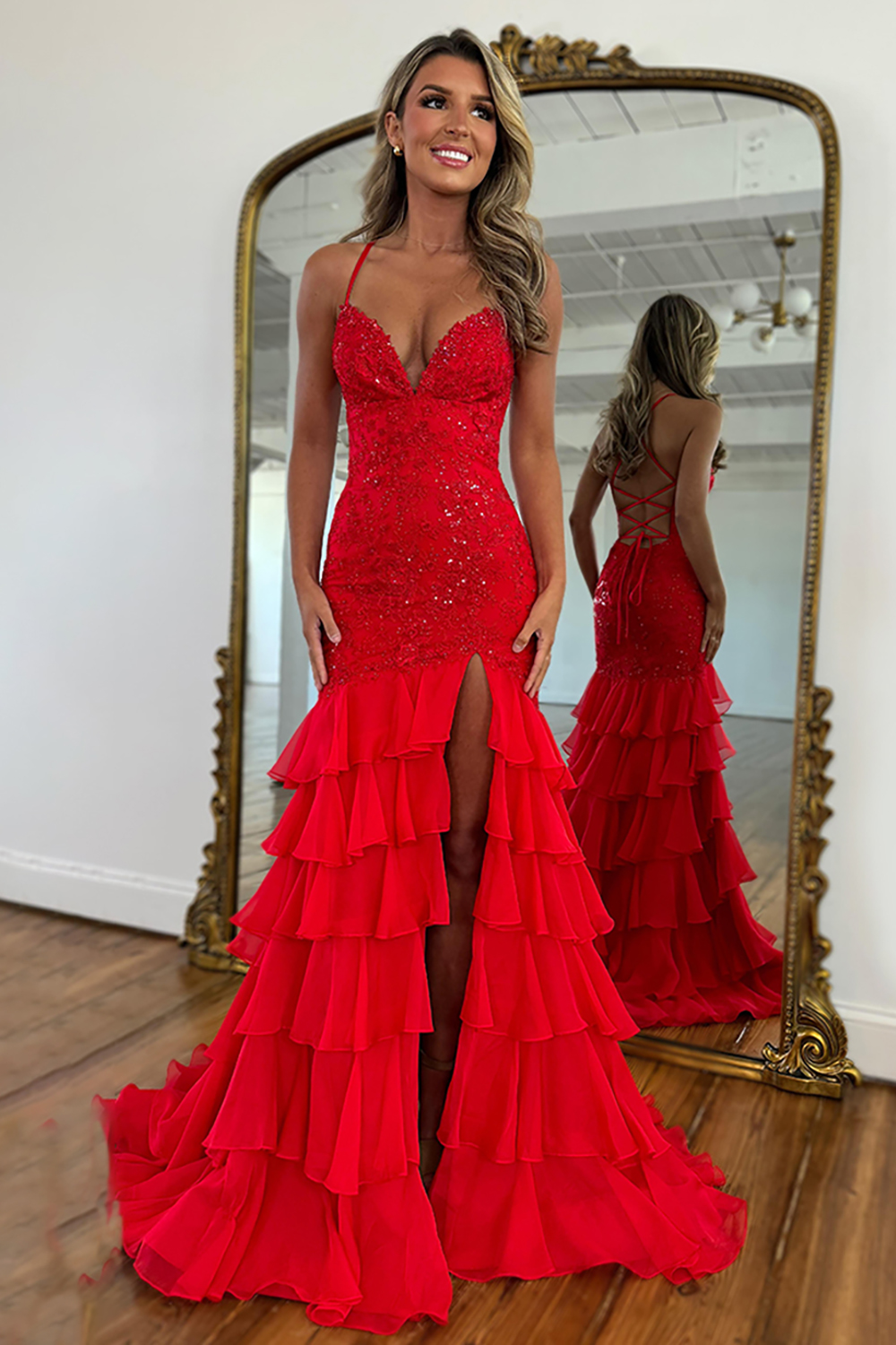 Sparkly Lilac Ruffled Lace Prom Dress with Slit