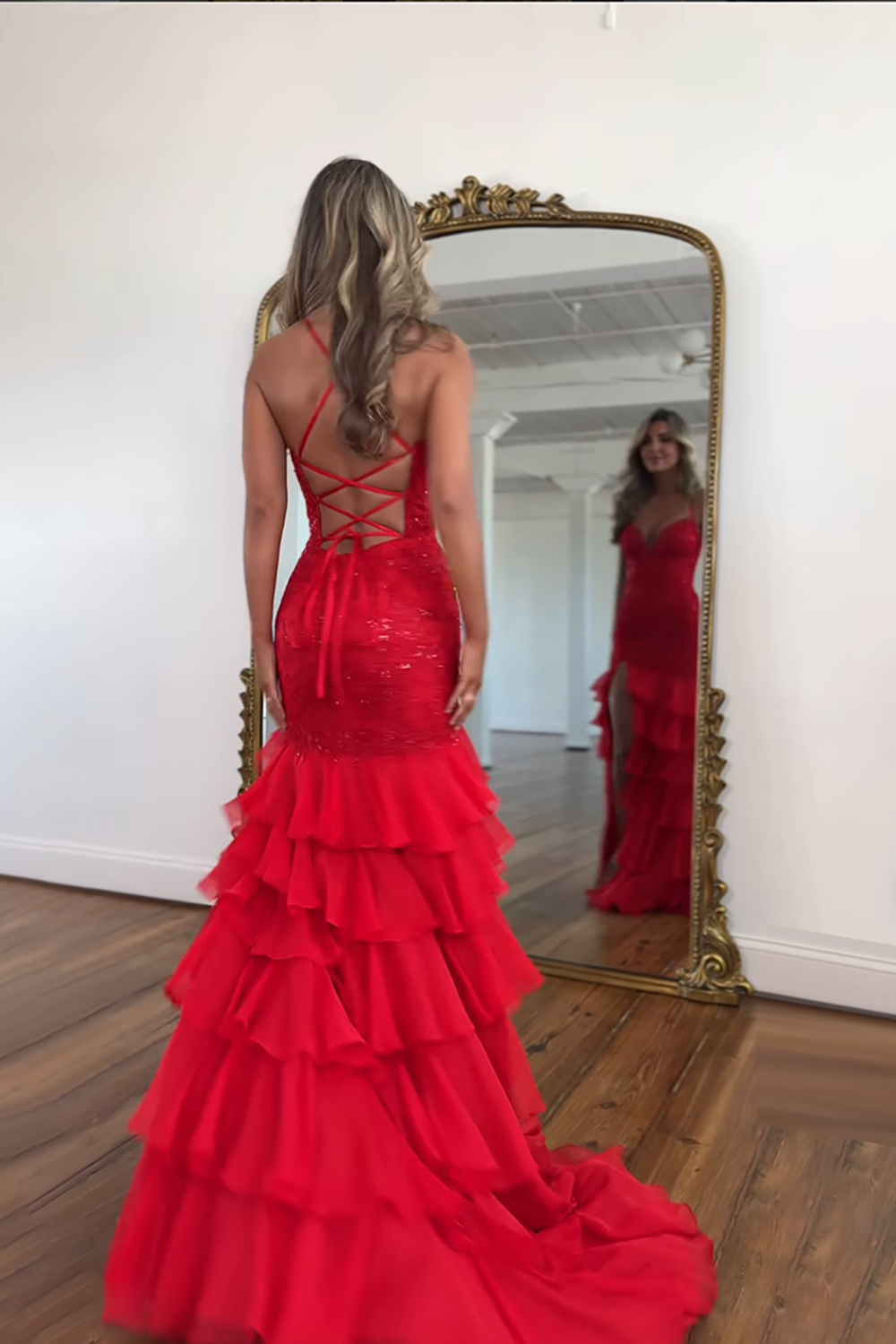 Sparkly Lilac Ruffled Lace Prom Dress with Slit