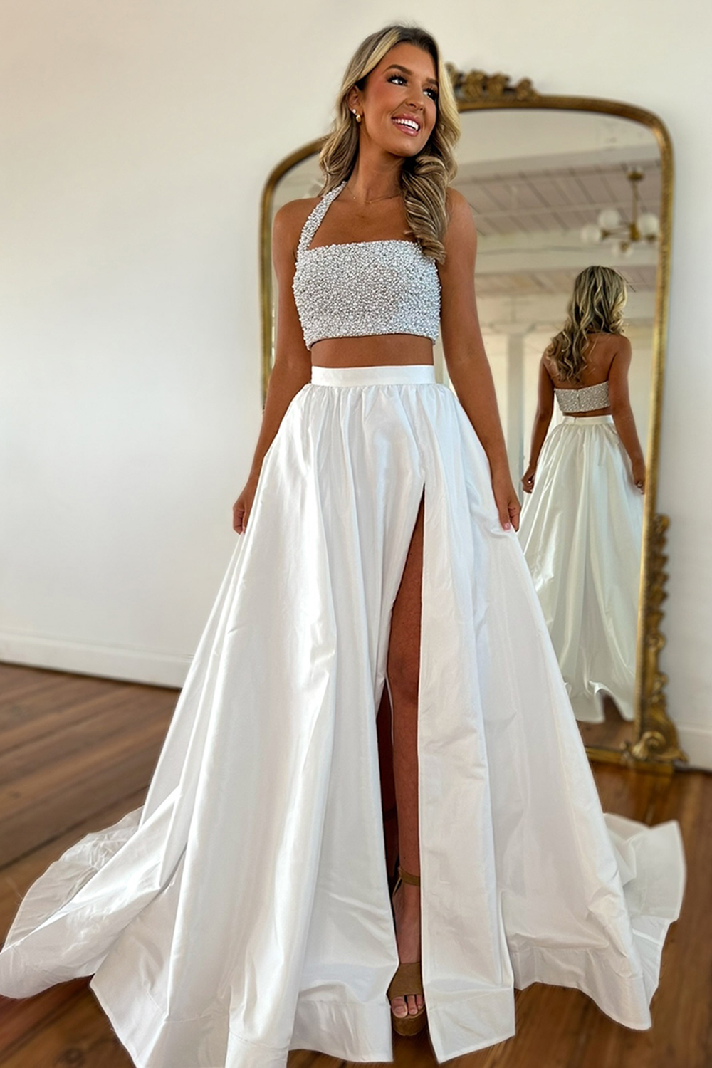 Sparkly White 2 Piece Beaded Satin Long Prom Dress with Slit