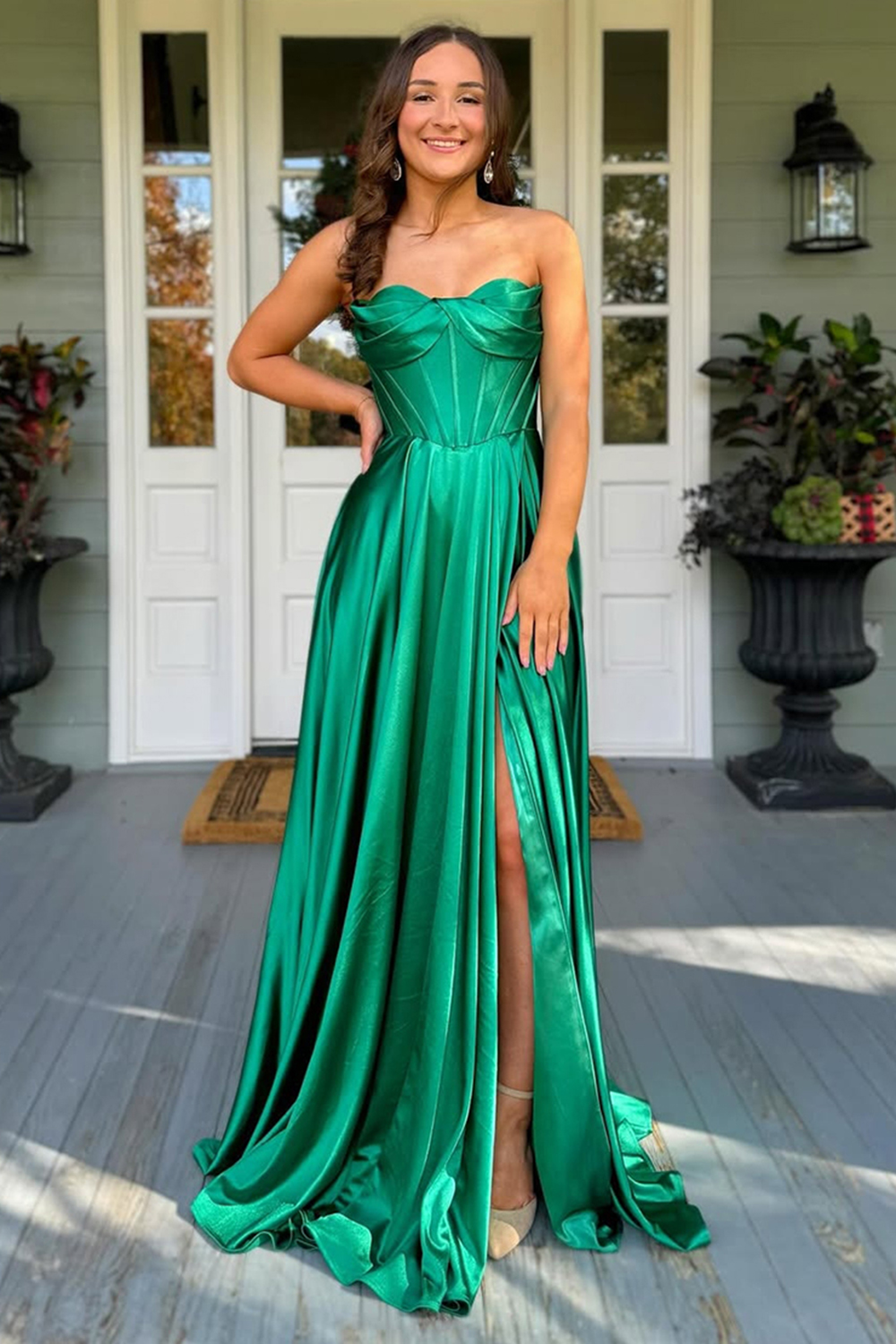 Dark Green Satin Corset A Line Prom Dress with Slit