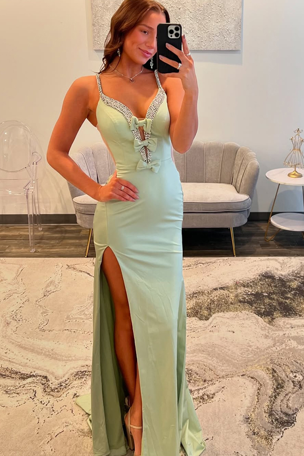 Sparkly Light Green Beaded Spaghetti Straps Prom Dress with Slit