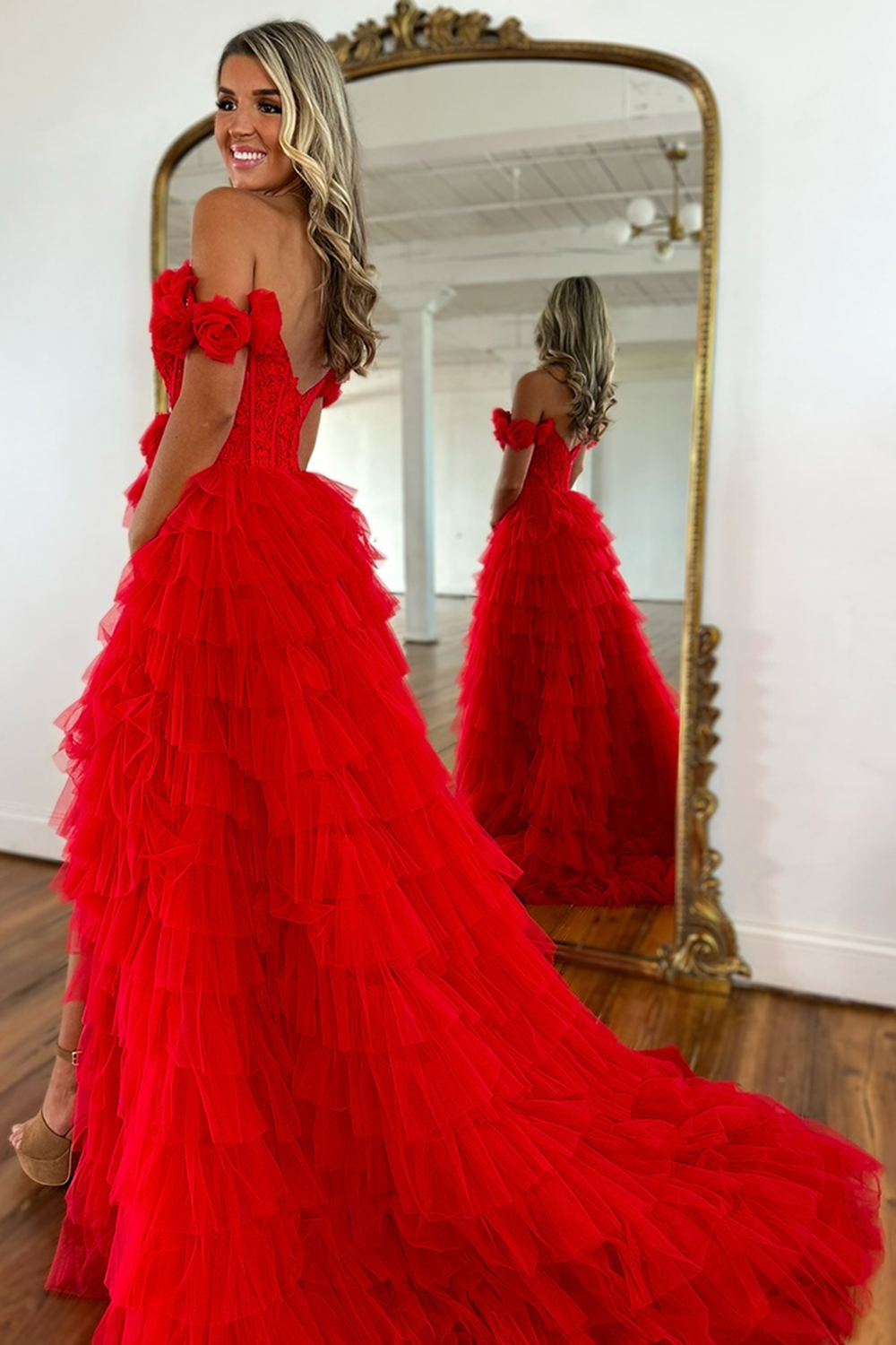 Red Off The Shoulder Appliqued Ruffled Prom Dress with Slit