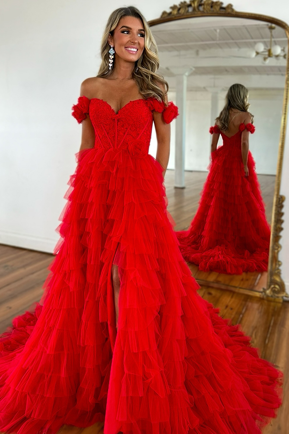 Red Off The Shoulder Appliqued Ruffled Prom Dress with Slit