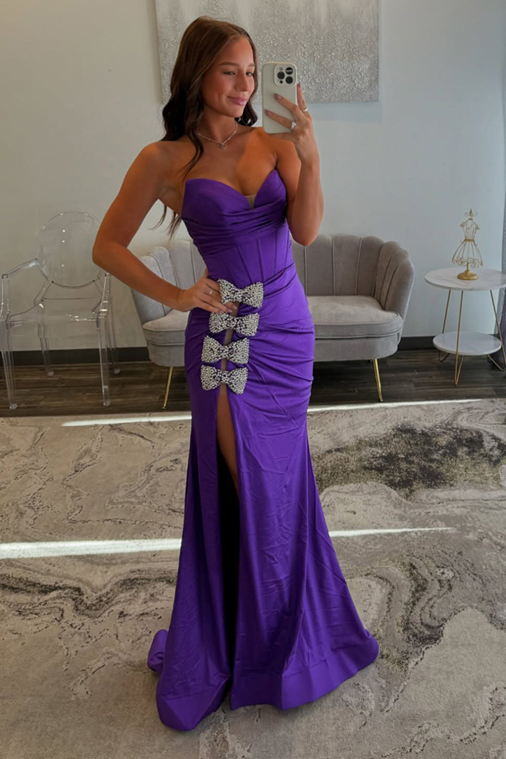 Chic Purple Corset Sweetheart Mermaid Prom Dress with Slit