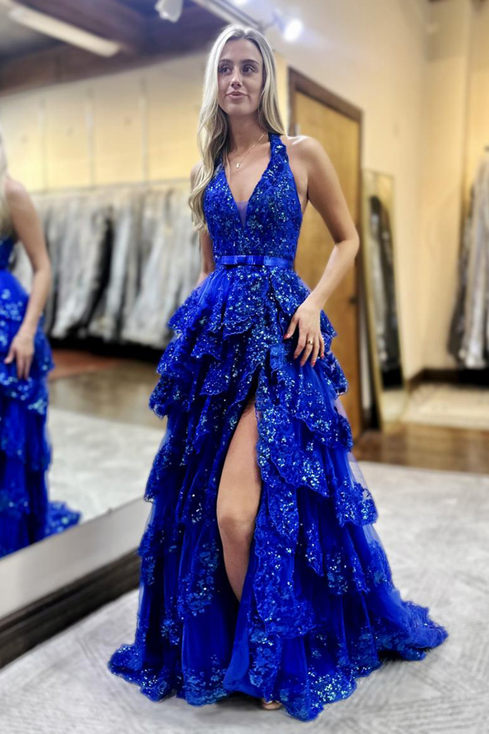Ruffled Sparkly Royal Blue Halter Appliqued Prom Dress with Slit