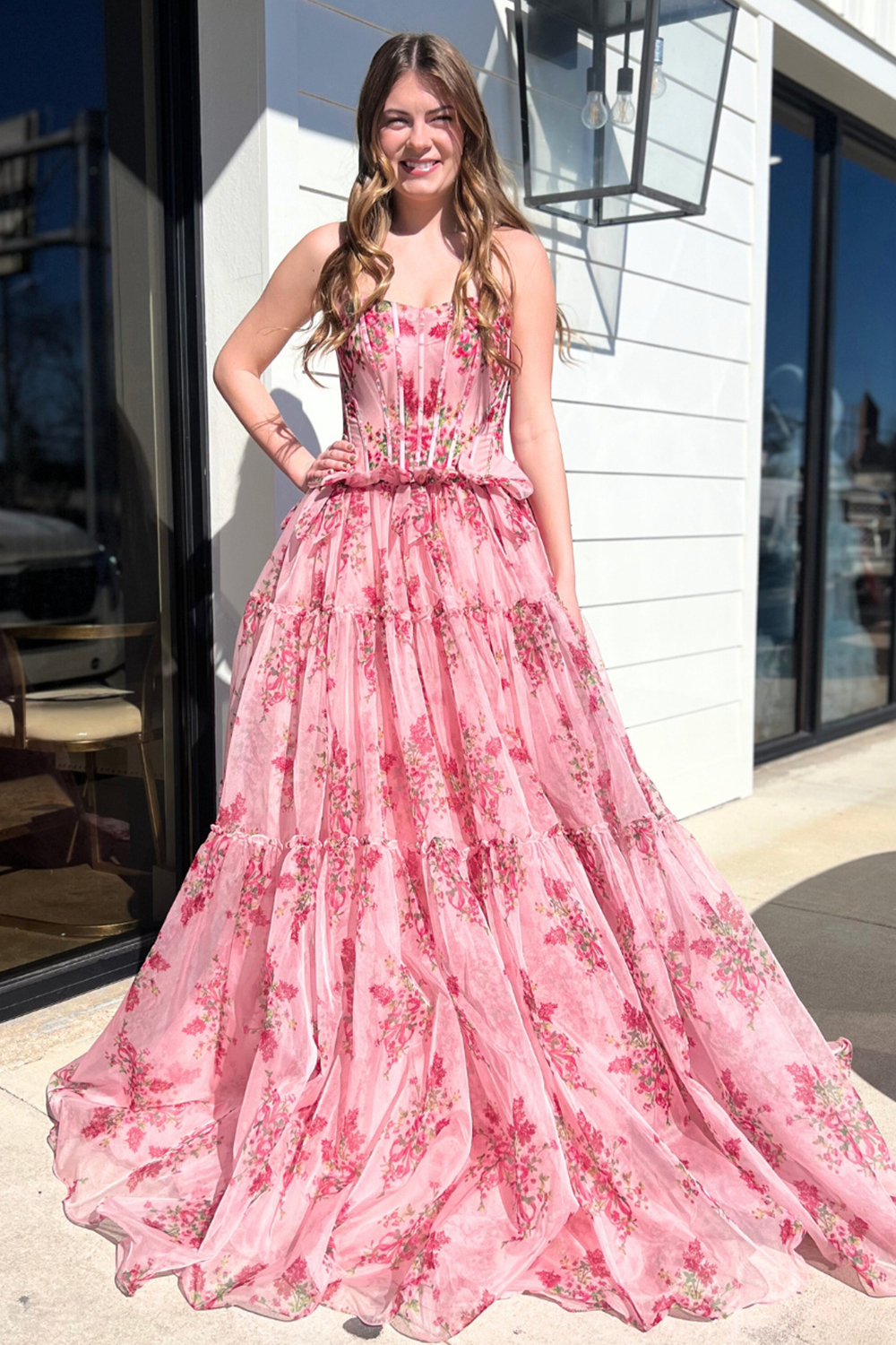 Blush Floral A Line Corset Strapless Prom Dress