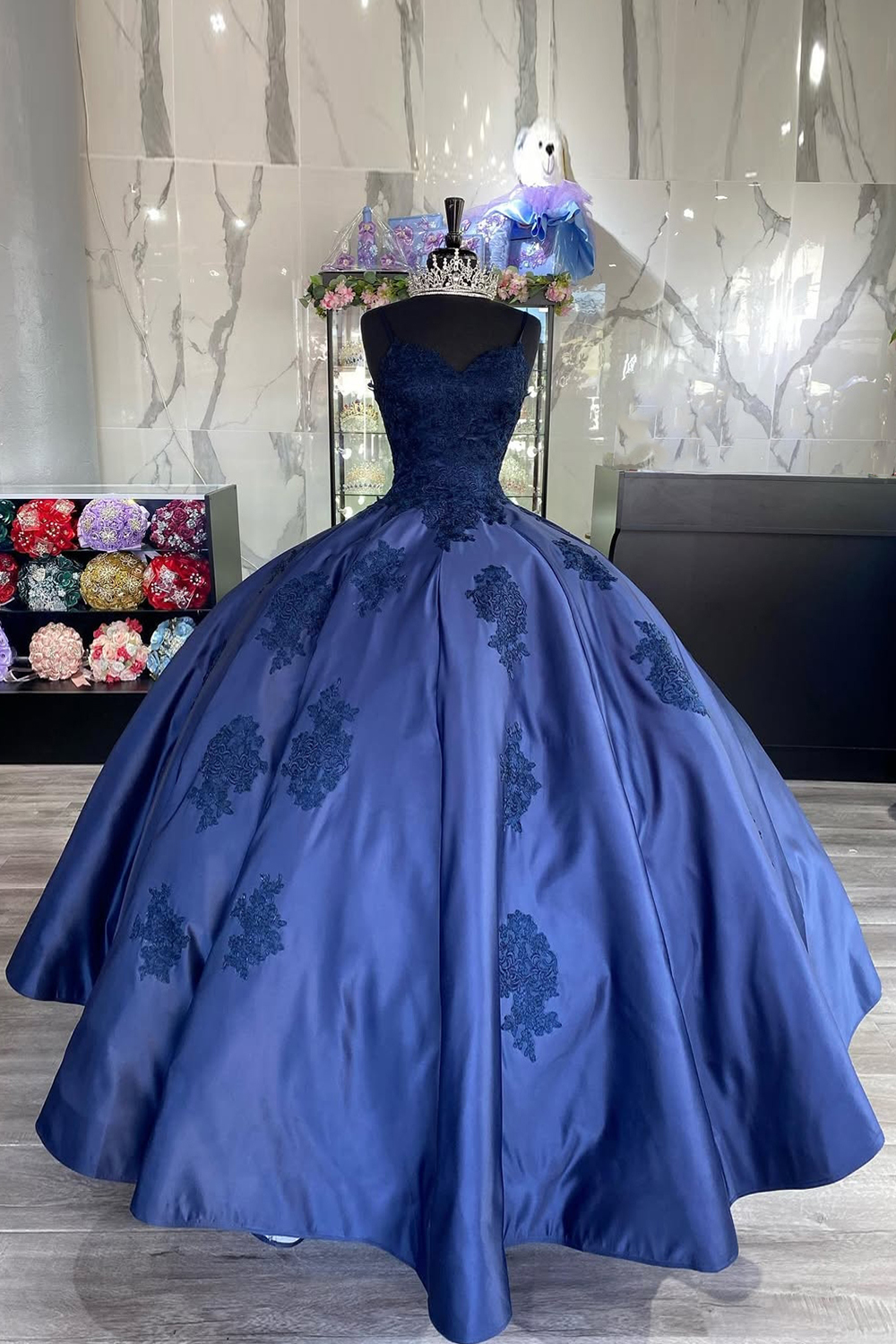 Princess Dark Blue Ball Gown Spaghetti Straps Quinceanera Dress with Appliques