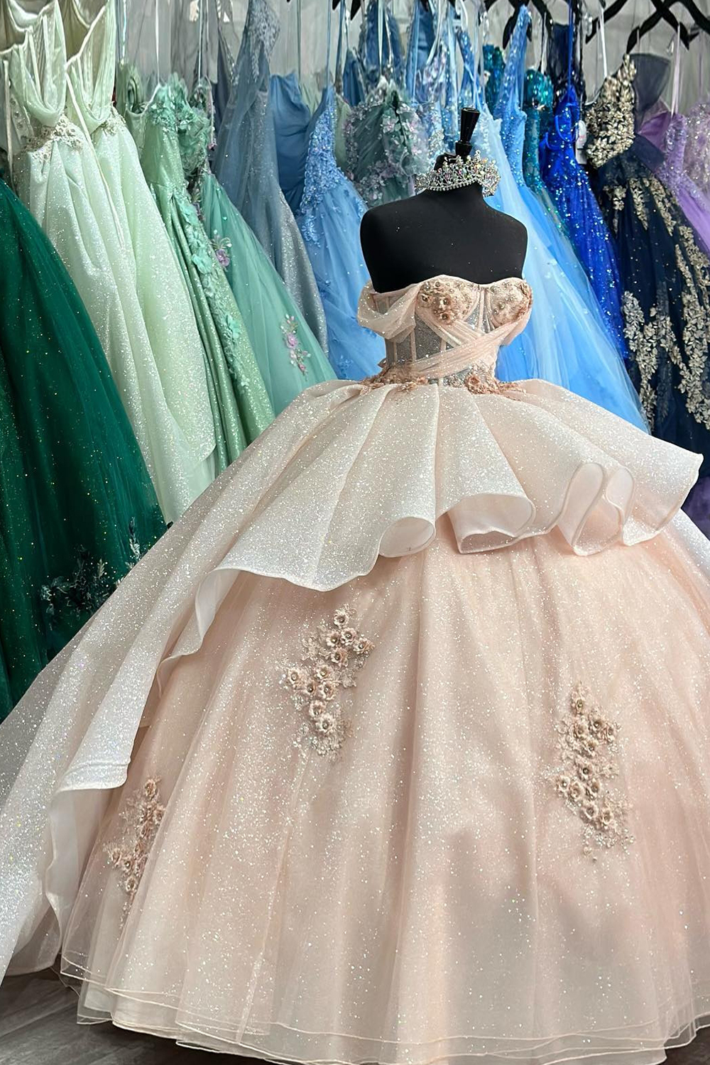 Sparkly Pink Ball Gown Cold Shoulder Ruffled Tulle Quinceanera Dress with Appliques