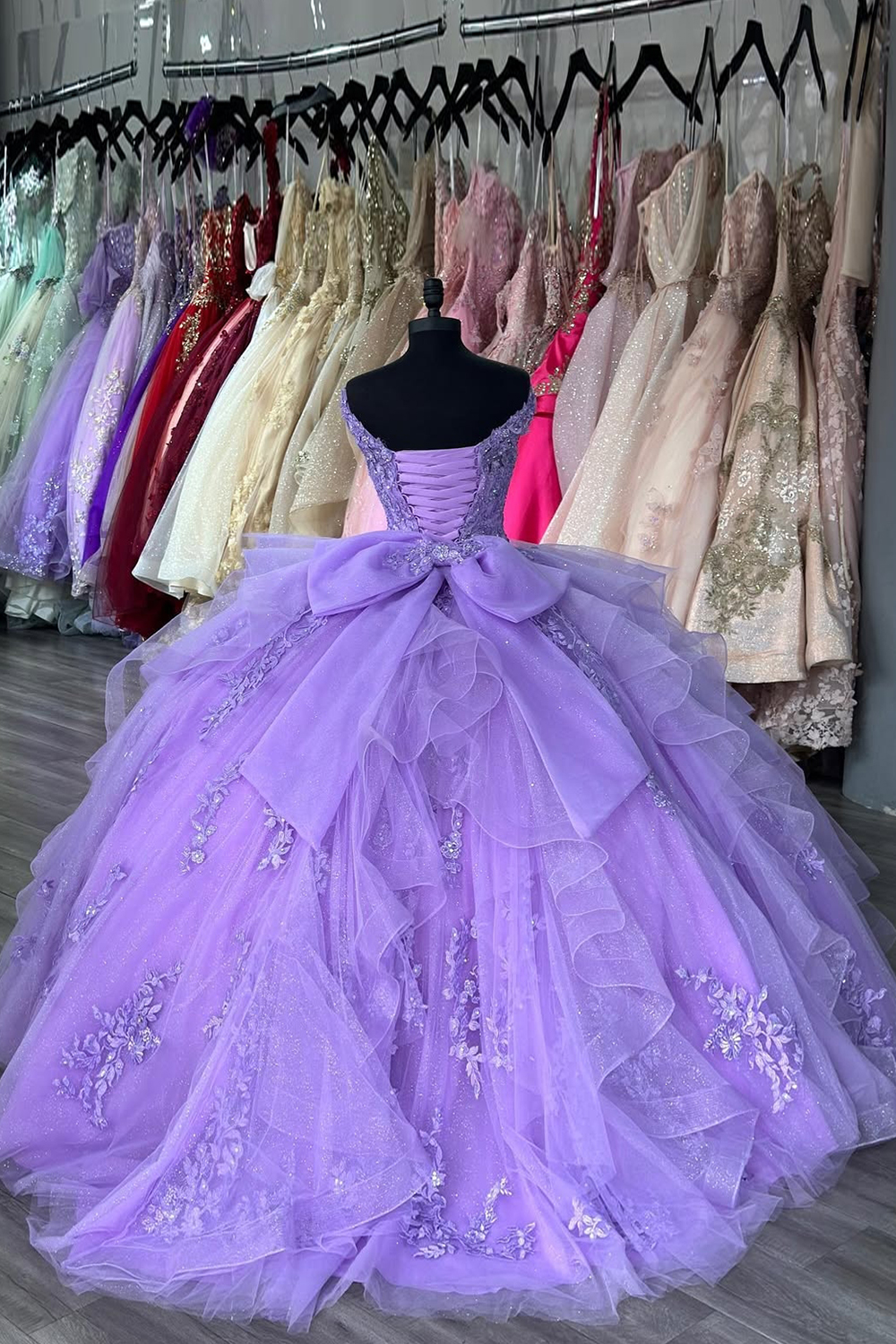Sparkly Purple Ball Gown Off the Shoulder Appliques Ruffles Tulle Quinceanera Dress with Bow