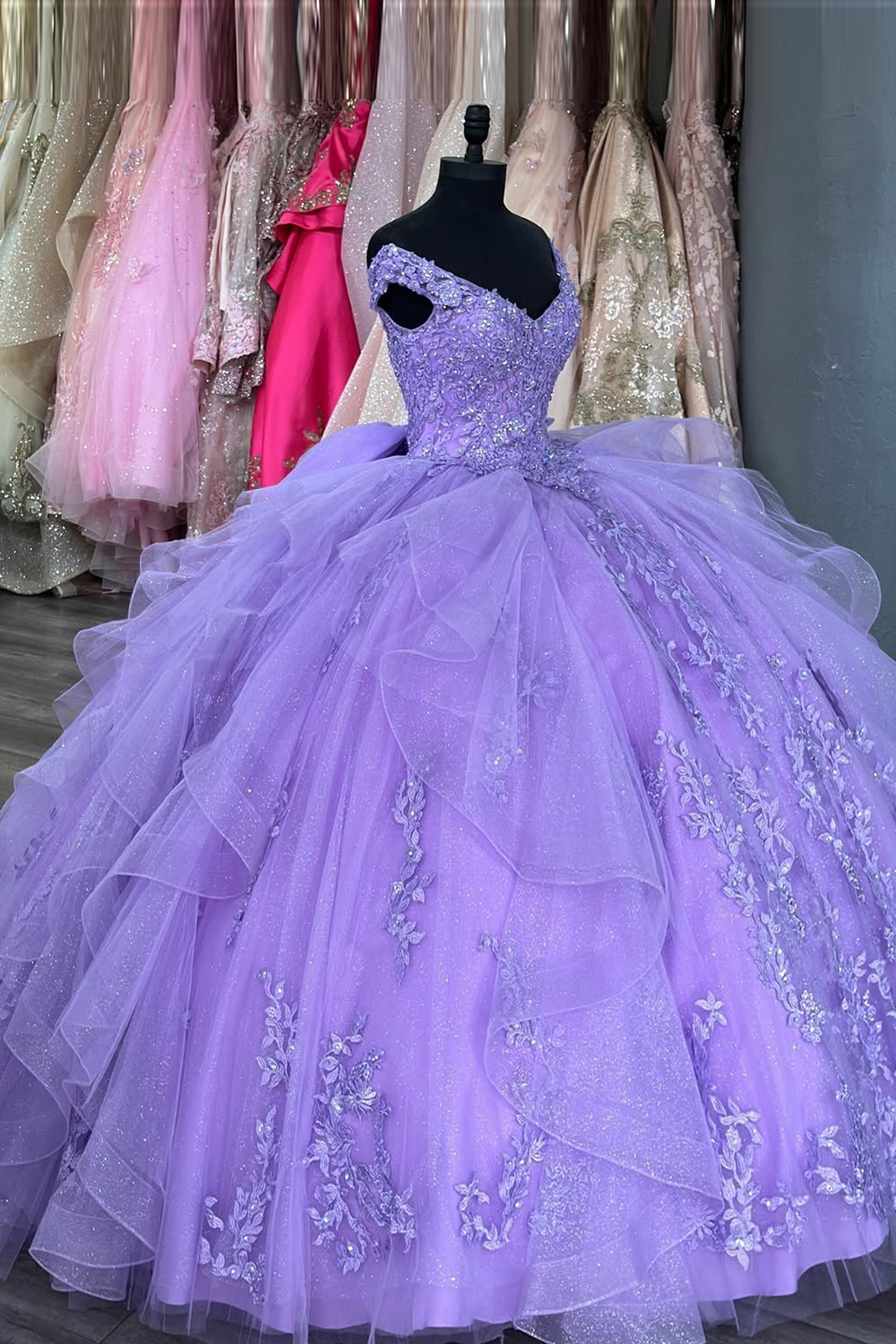 Sparkly Purple Ball Gown Off the Shoulder Appliques Ruffles Tulle Quinceanera Dress with Bow