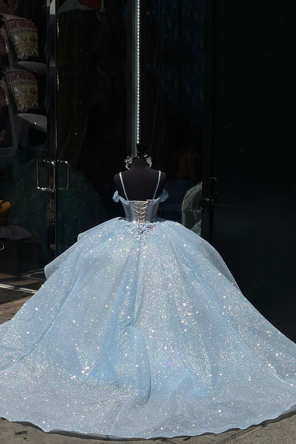 Sparkly Pink Ball Gown Cold Shoulder Ruffled Tulle Quinceanera Dress with Appliques