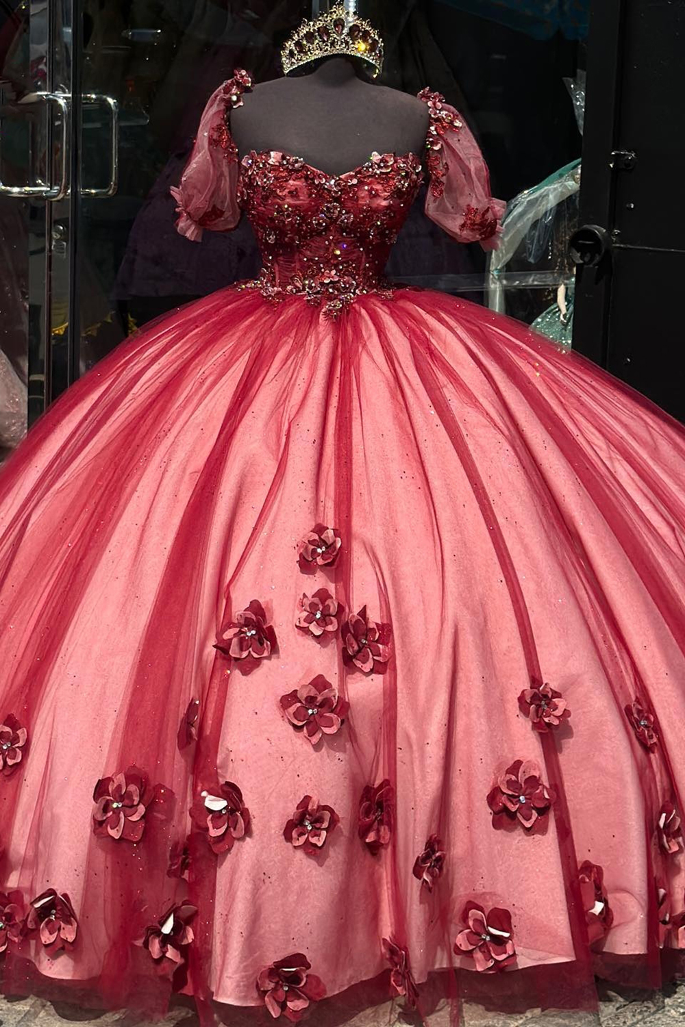 Sparkly Red Ball Gown Puff Sleeves Rhinestones Tulle Quinceanera Dress with 3D Flowers