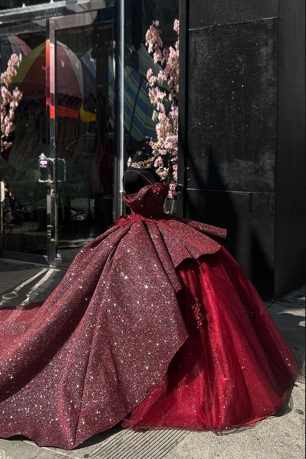 Sparkly Pink Ball Gown Cold Shoulder Ruffled Tulle Quinceanera Dress with Appliques