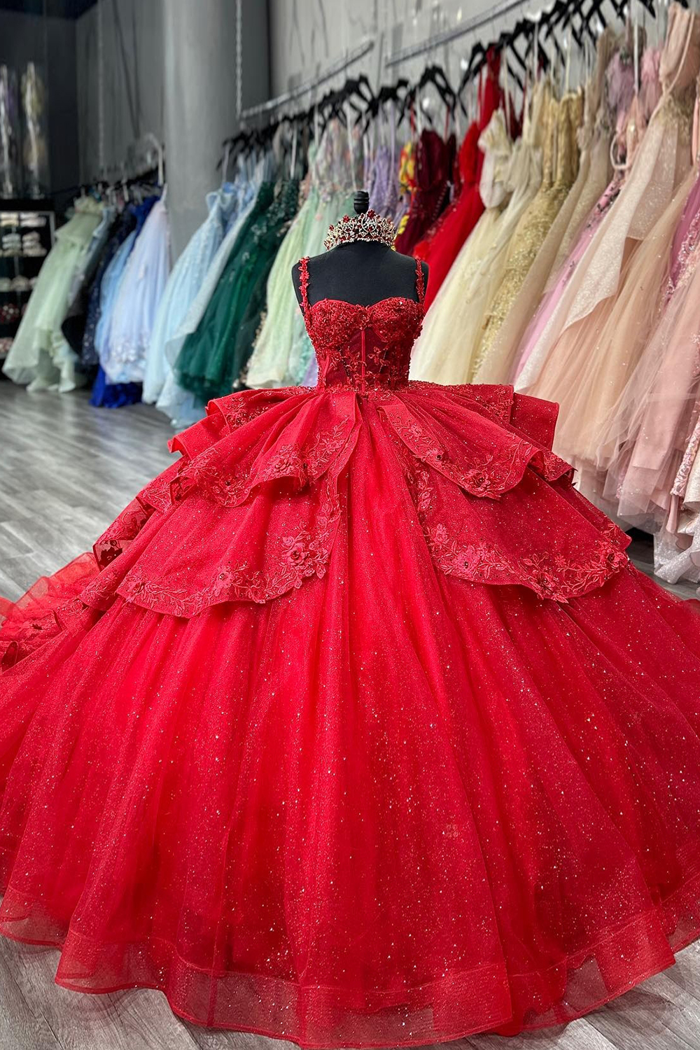 Sparkly Red Ball Gown Spaghetti Straps Beaded Ruffles Quinceanera Dress with Appliques