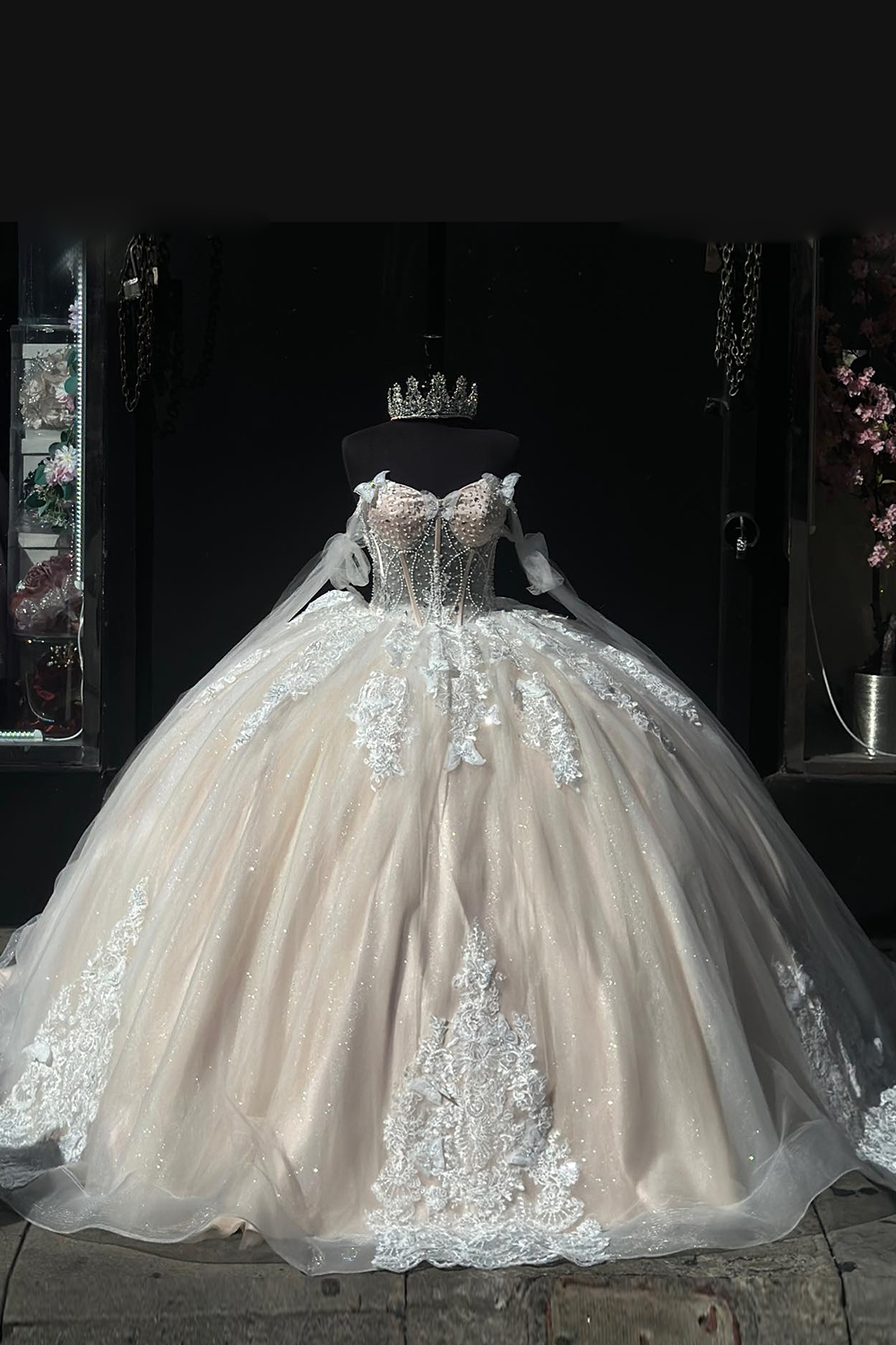 Champagne Ball Gown Off the Shoulder Tulle Quinceanera Dress