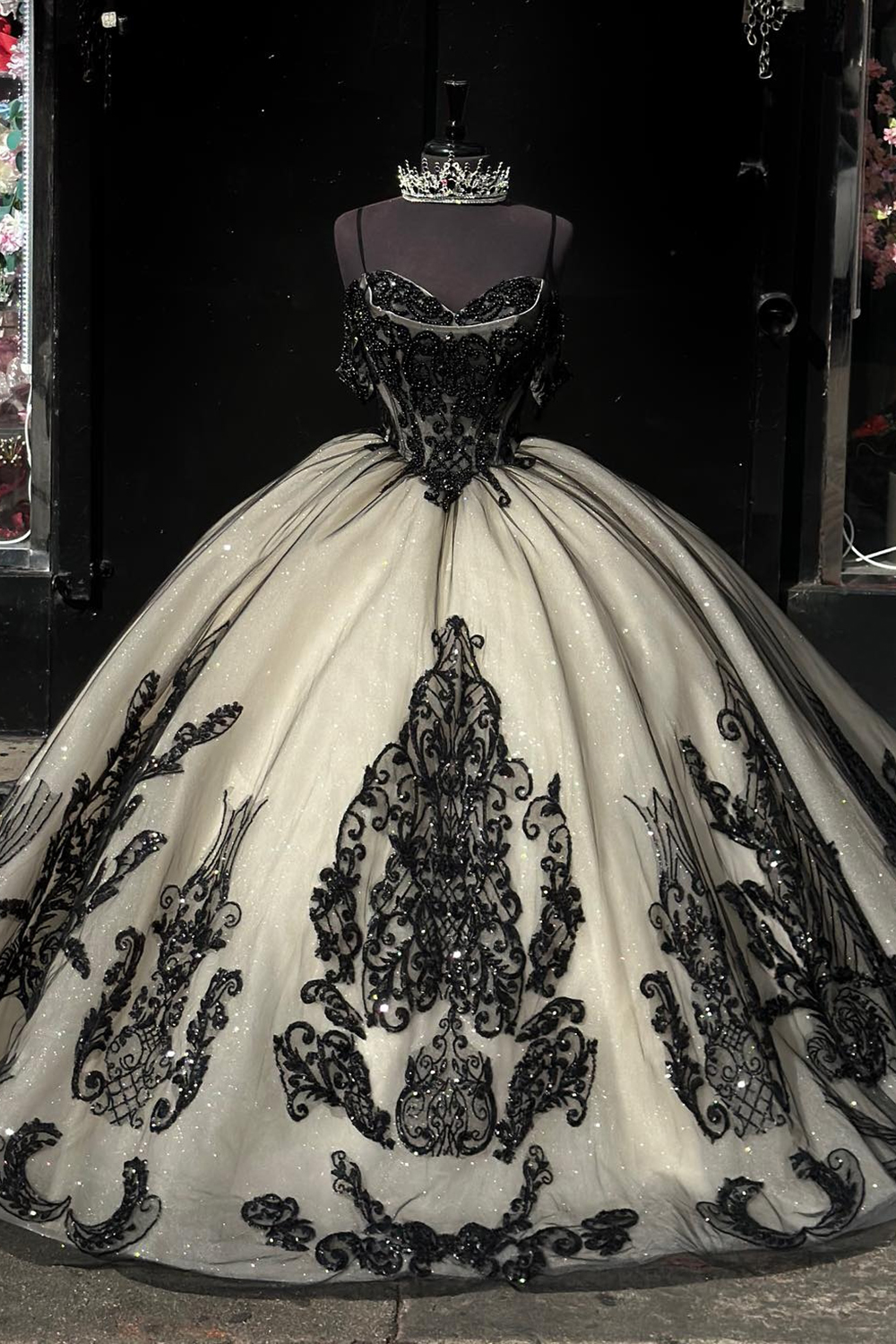 Sparkly Black Apricot Ball Gown Cold Shoulder Tulle Quinceanera Dress with Sequined Embroidery