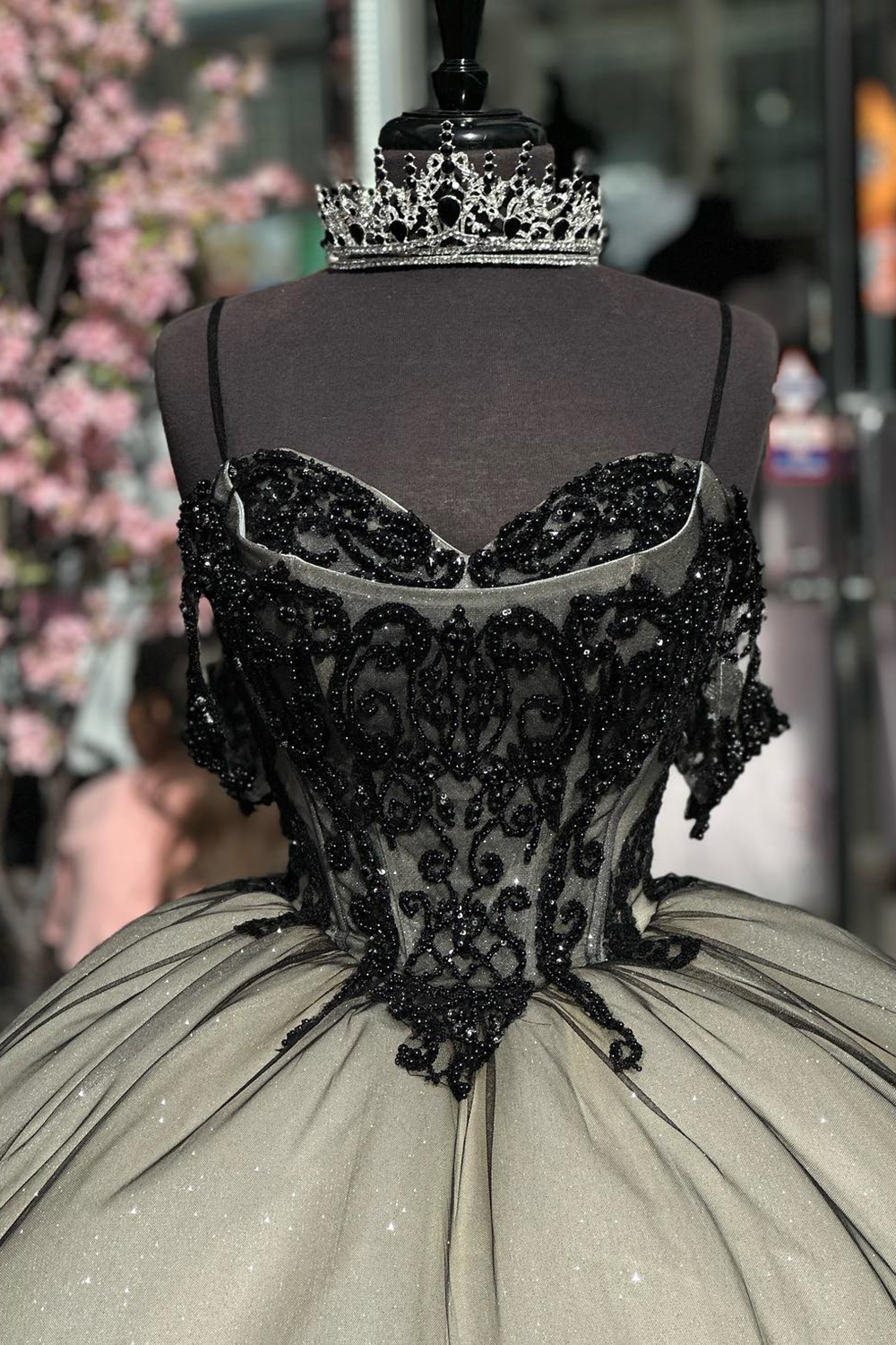 Sparkly Black Apricot Ball Gown Cold Shoulder Tulle Quinceanera Dress with Sequined Embroidery