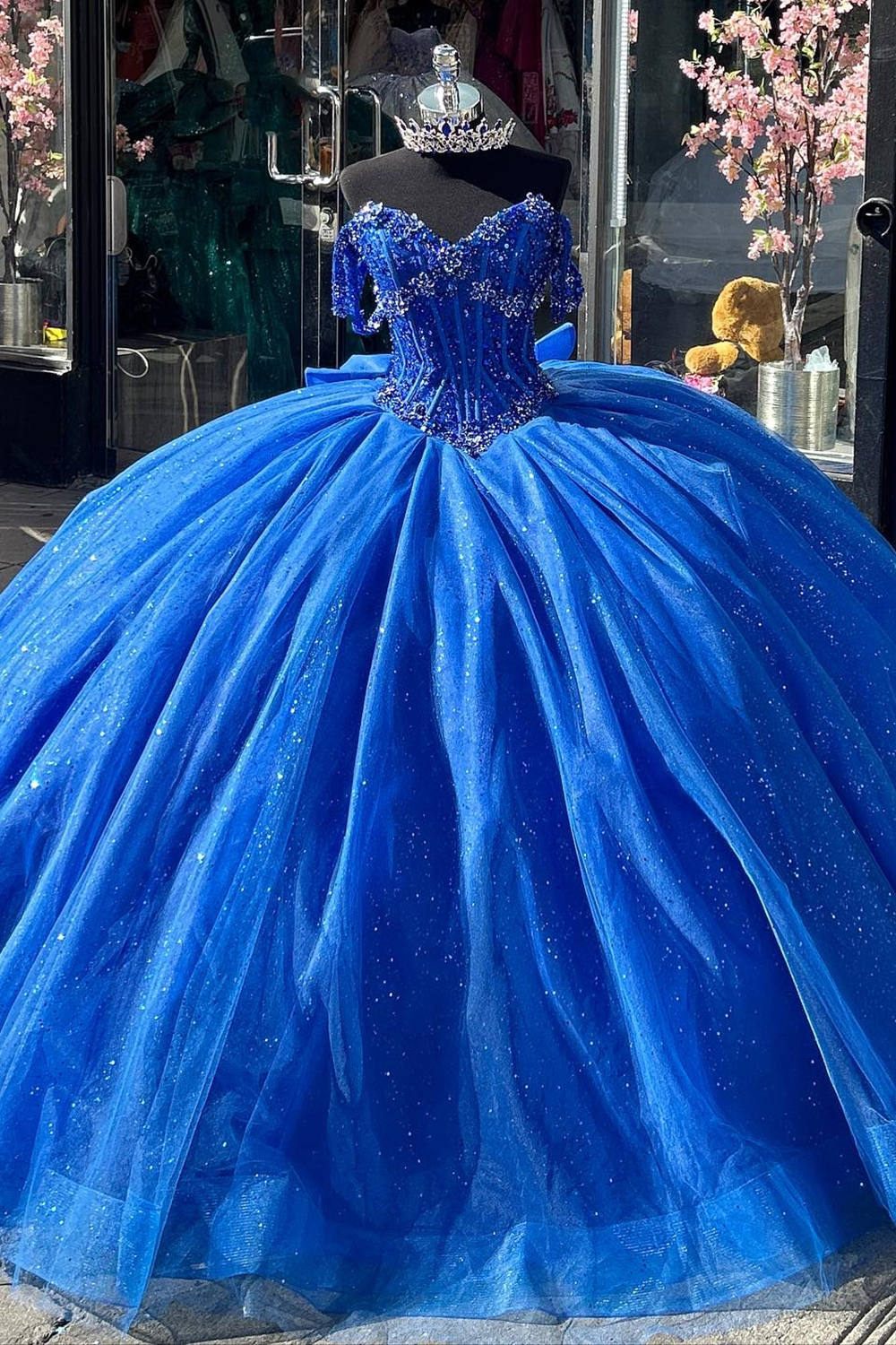Sparkly Royal Blue Off the Shoulder Sequined Appliques Tulle Quinceanera Dress with Bow