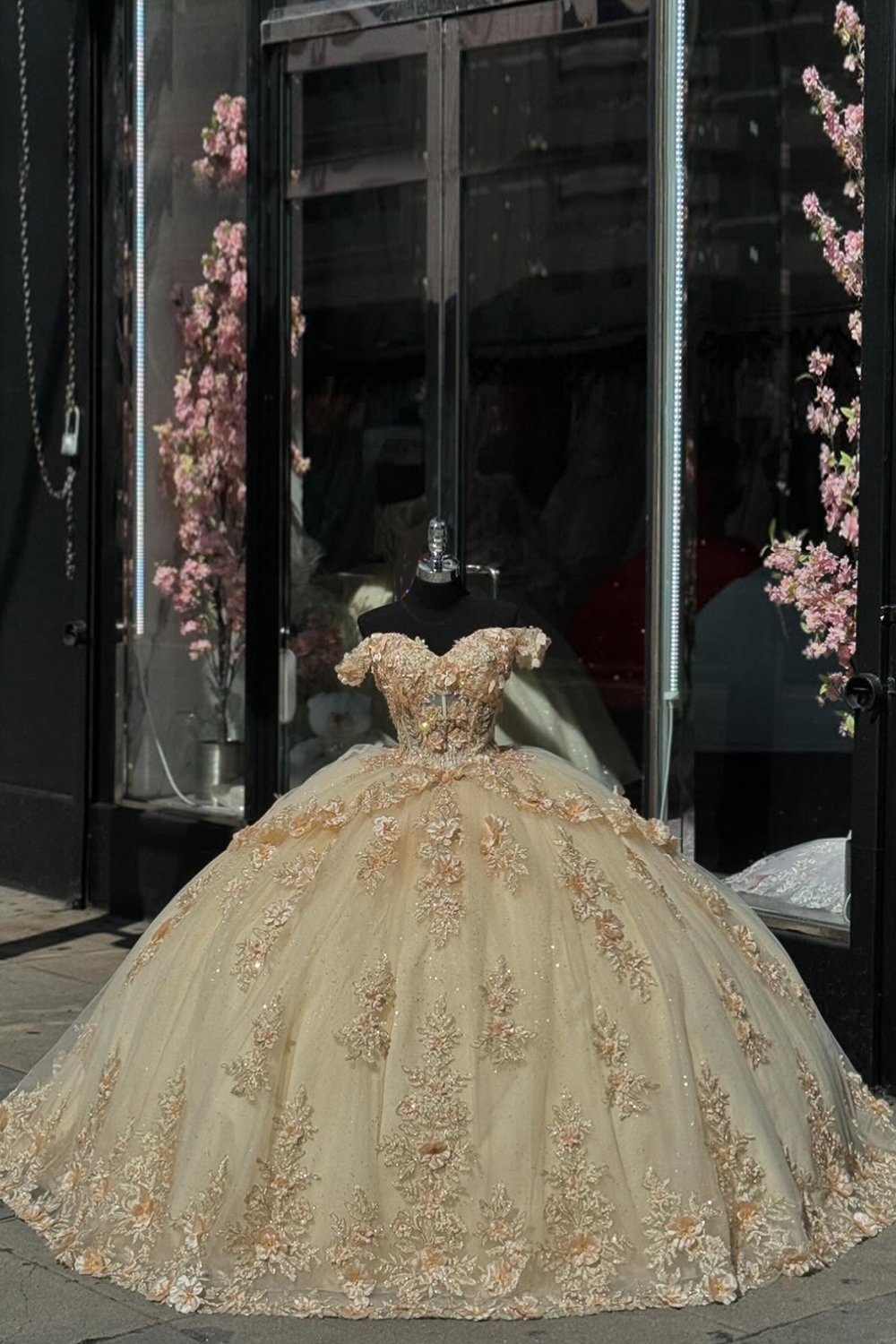 Sparkly Golden Ball Gown Off the Shoulder Ruffle Tulle Quinceanera Dress with Sequined Appliques