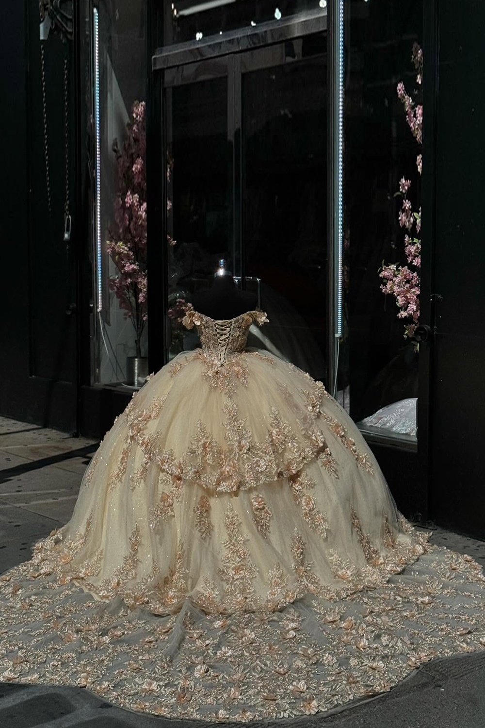 Sparkly Golden Ball Gown Off the Shoulder Ruffle Tulle Quinceanera Dress with Sequined Appliques