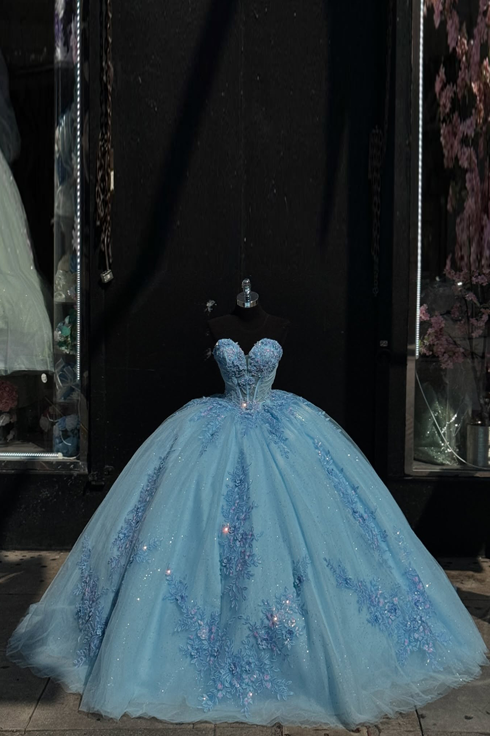 Sparkly Blue Ball Gown Strapless Tulle Quinceanera Dress with Sequined Appliques