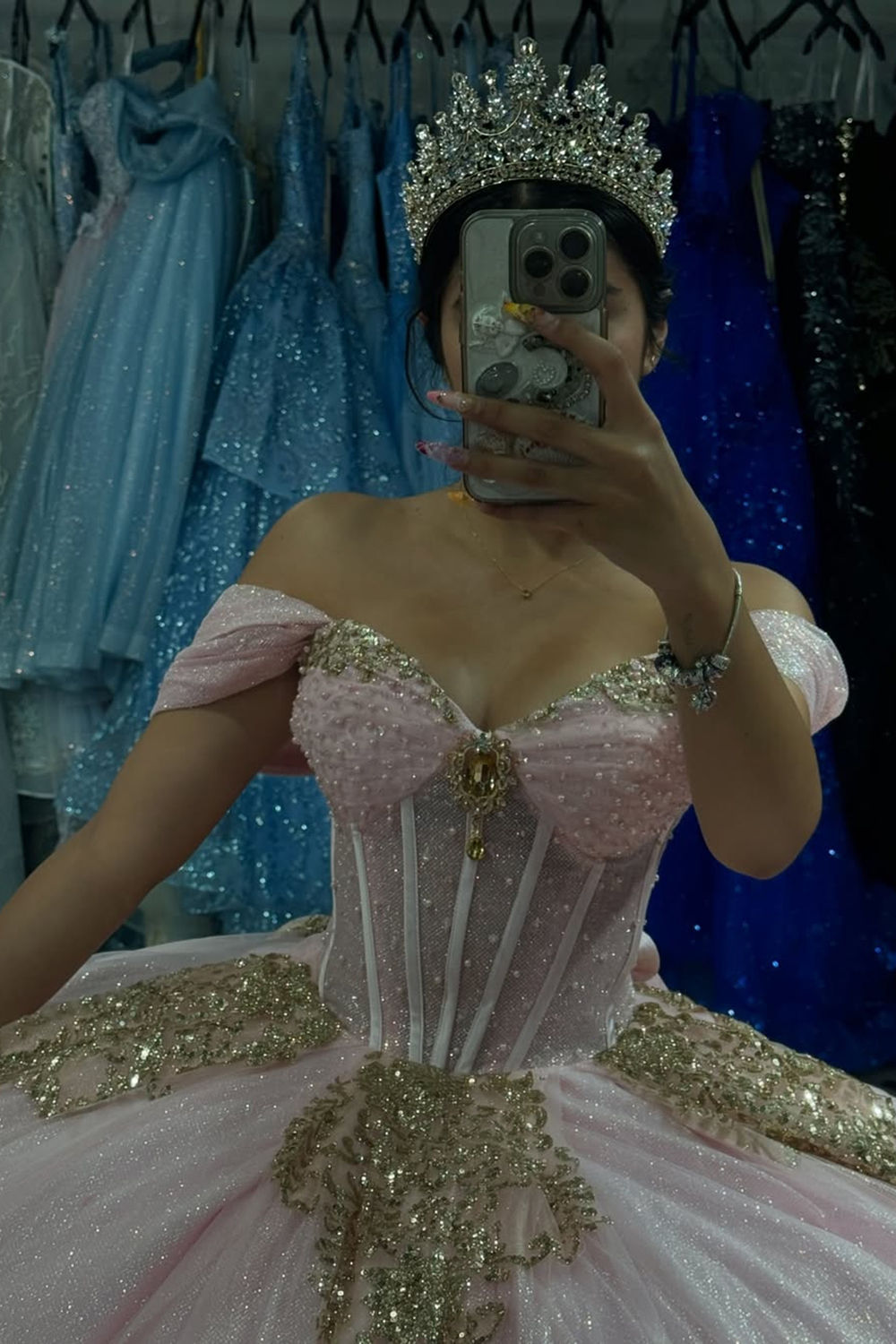 Glitter Pink Tulle Off the Shoulder Ball Gown Quinceanera Dress with Golden Appliques