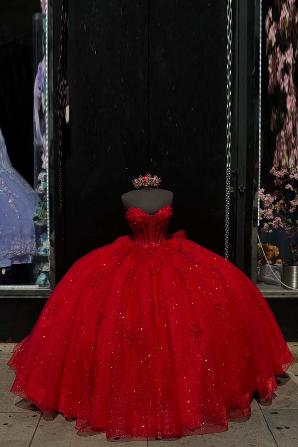 Sparkly Red Tulle Sweetheart Applique Ball Gown Quinceanera Dress