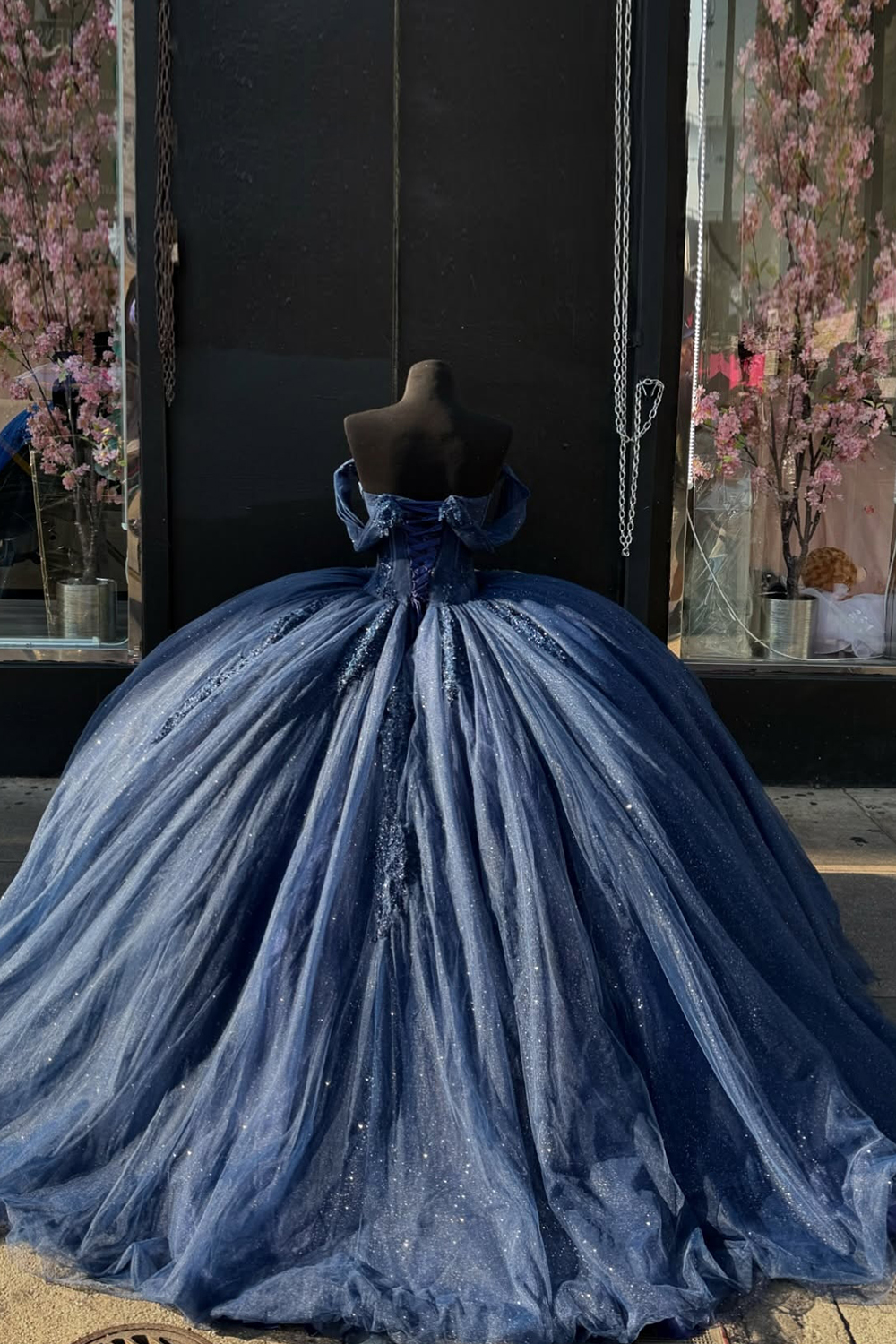 Navy Off the Shoulder Tulle Applique Princess Quinceanera Dress