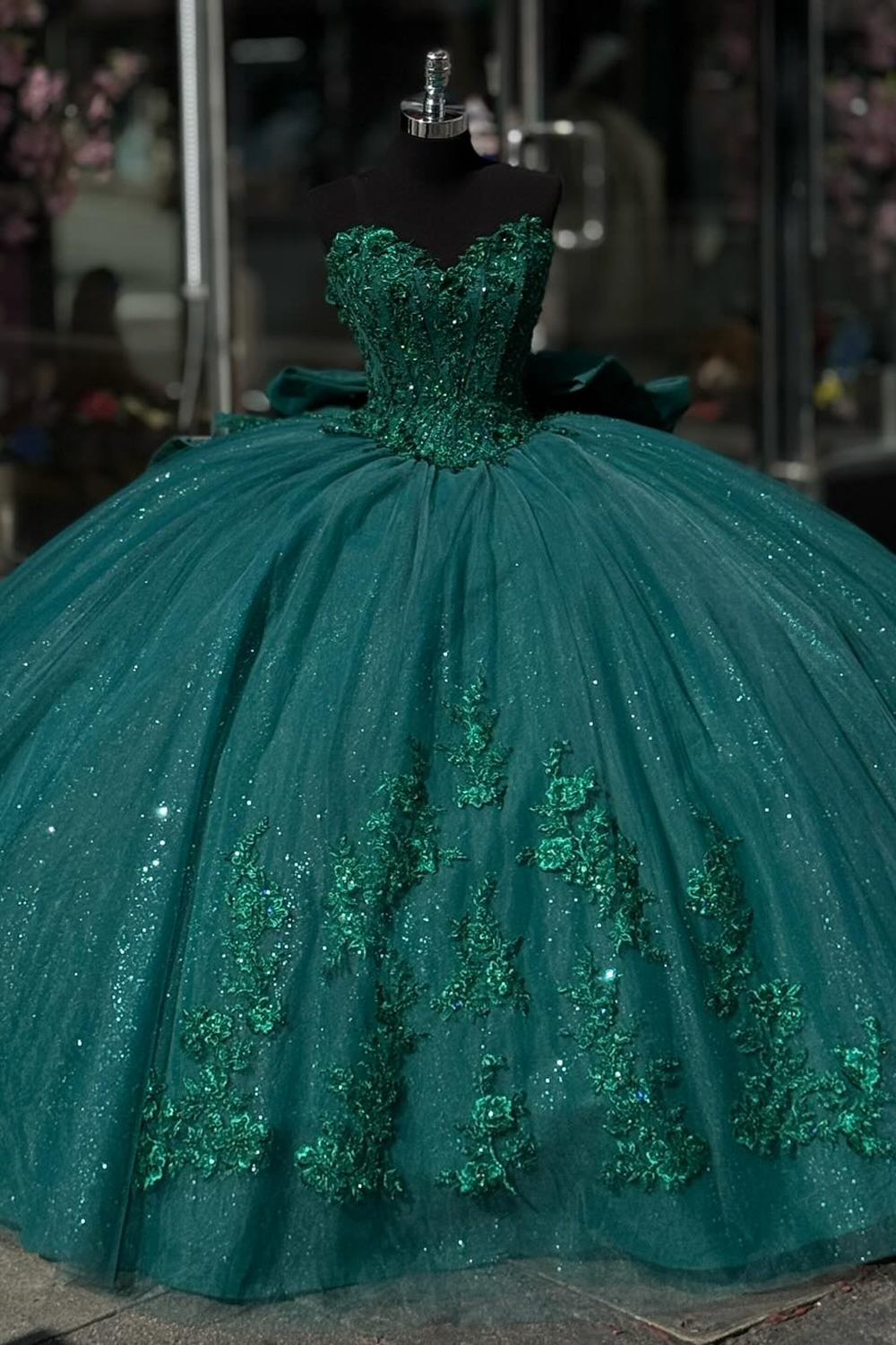 Sparkly Dark Green Tulle Sweetheart Ball Gown Applique Quinceanera Dress with Bow