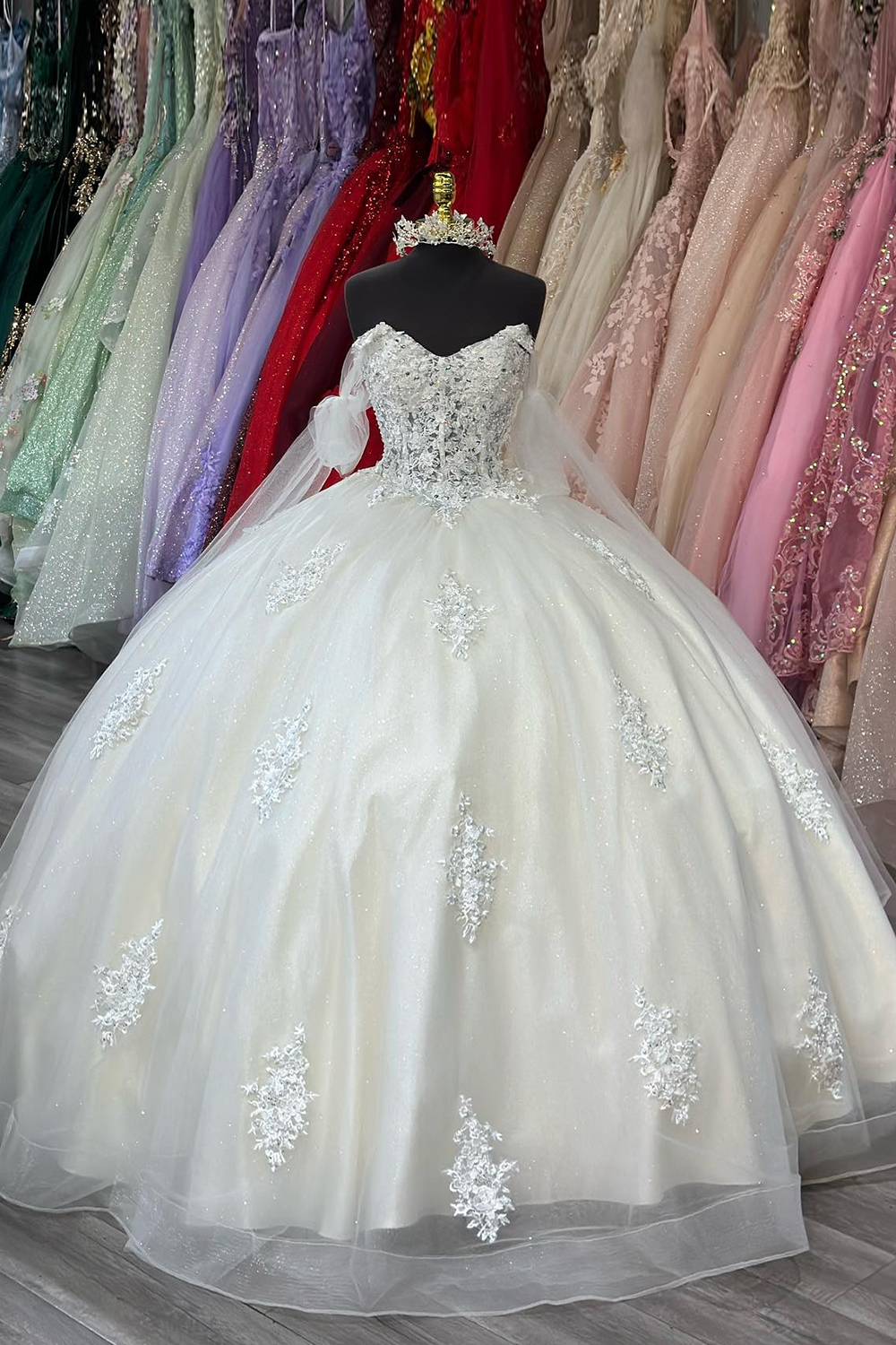 Ivory Tulle Off the Shoulder Ball Gown Applique Quinceanera Dress
