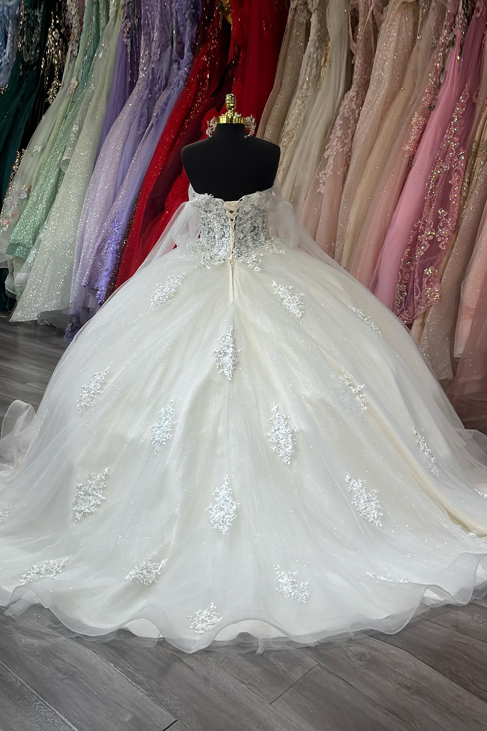 Ivory Tulle Off the Shoulder Ball Gown Applique Quinceanera Dress