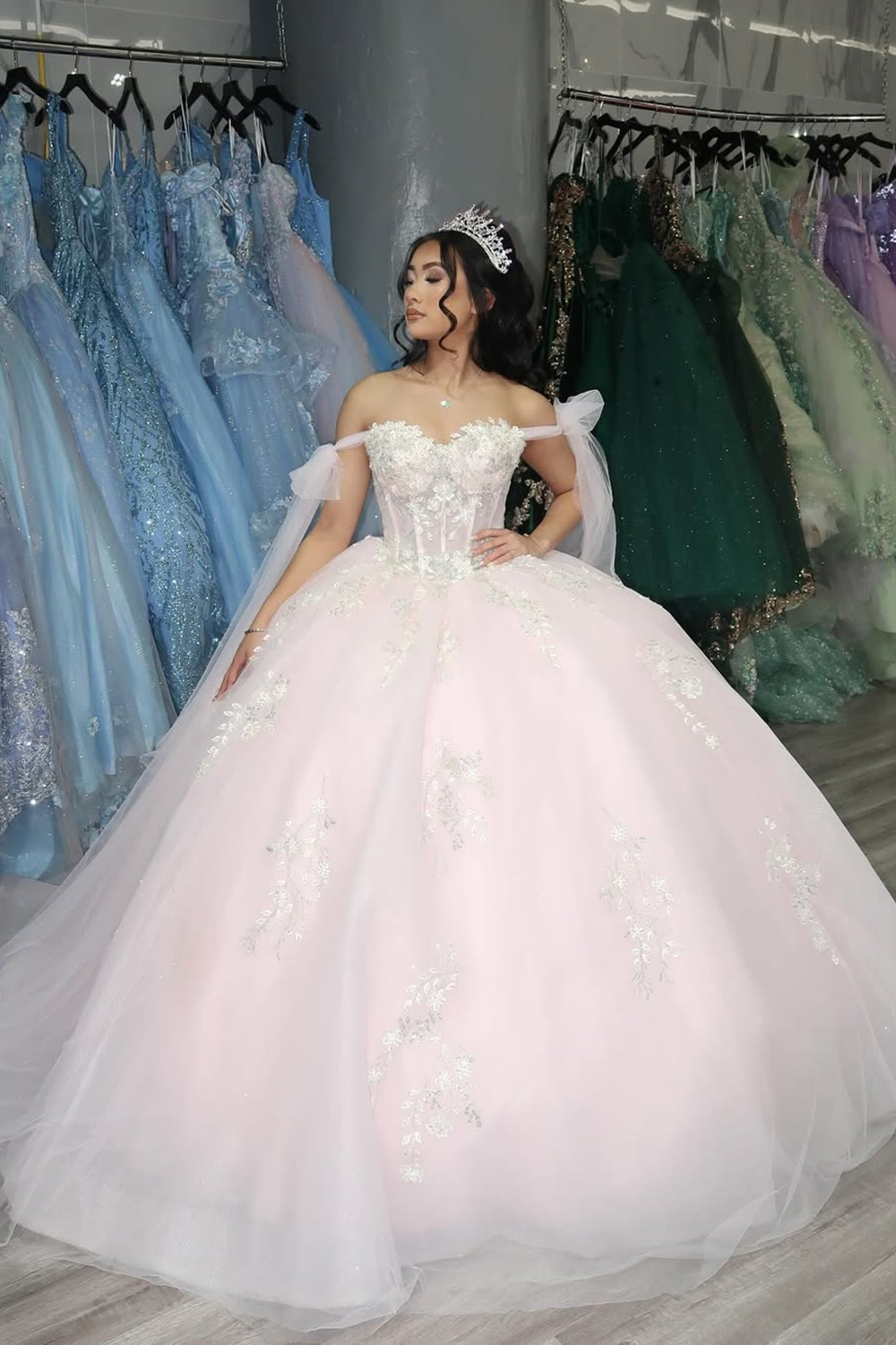 Light Pink Off the Shoulder Tulle Ball Gown Applique Quinceanera Dress