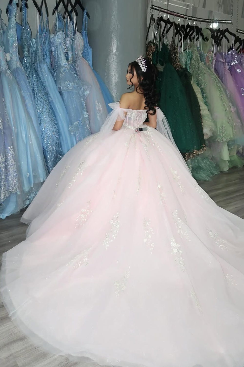 Light Pink Off the Shoulder Tulle Ball Gown Applique Quinceanera Dress