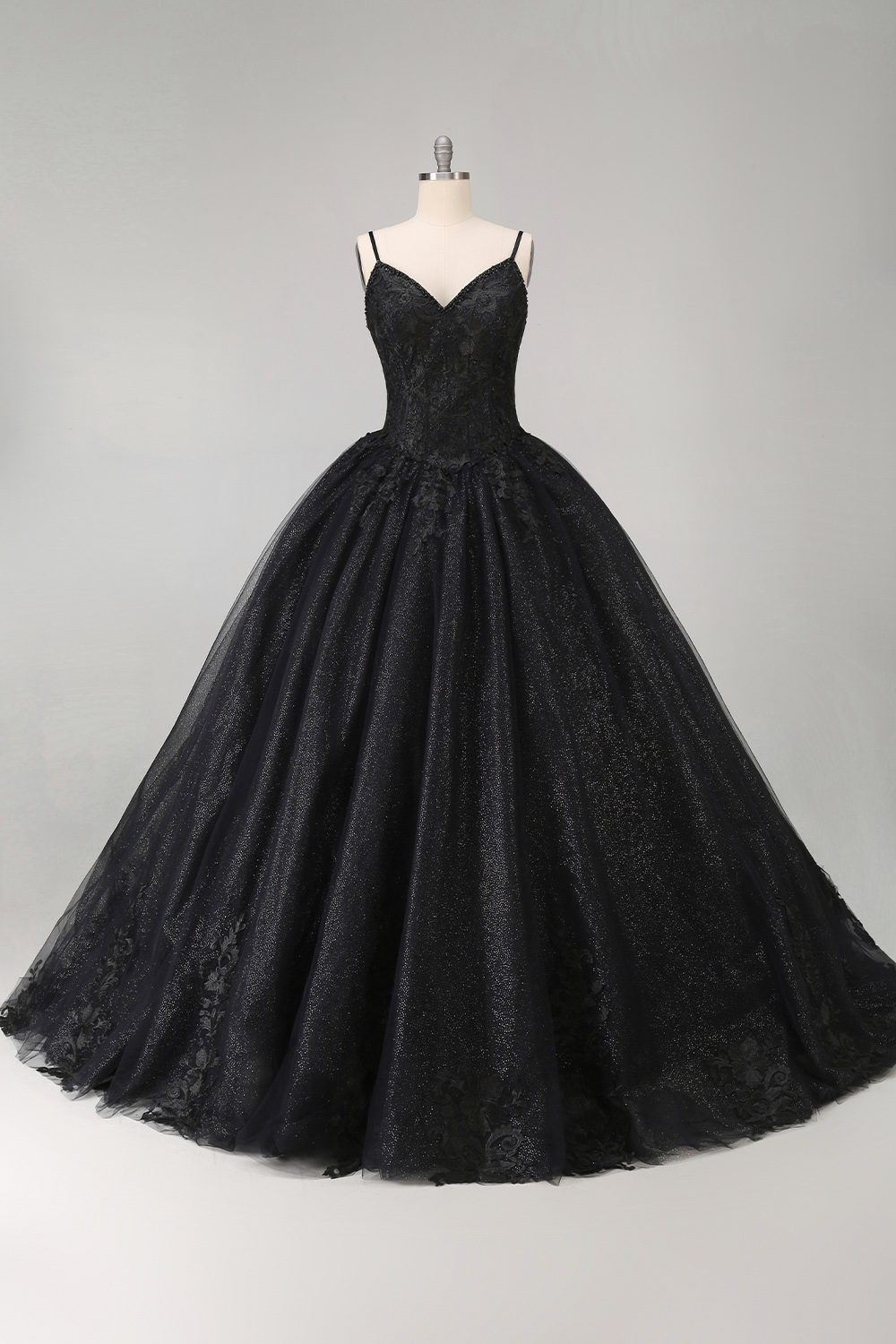 Spaghetti Straps Black Tulle Ball Gown Applique Quinceanera Dress
